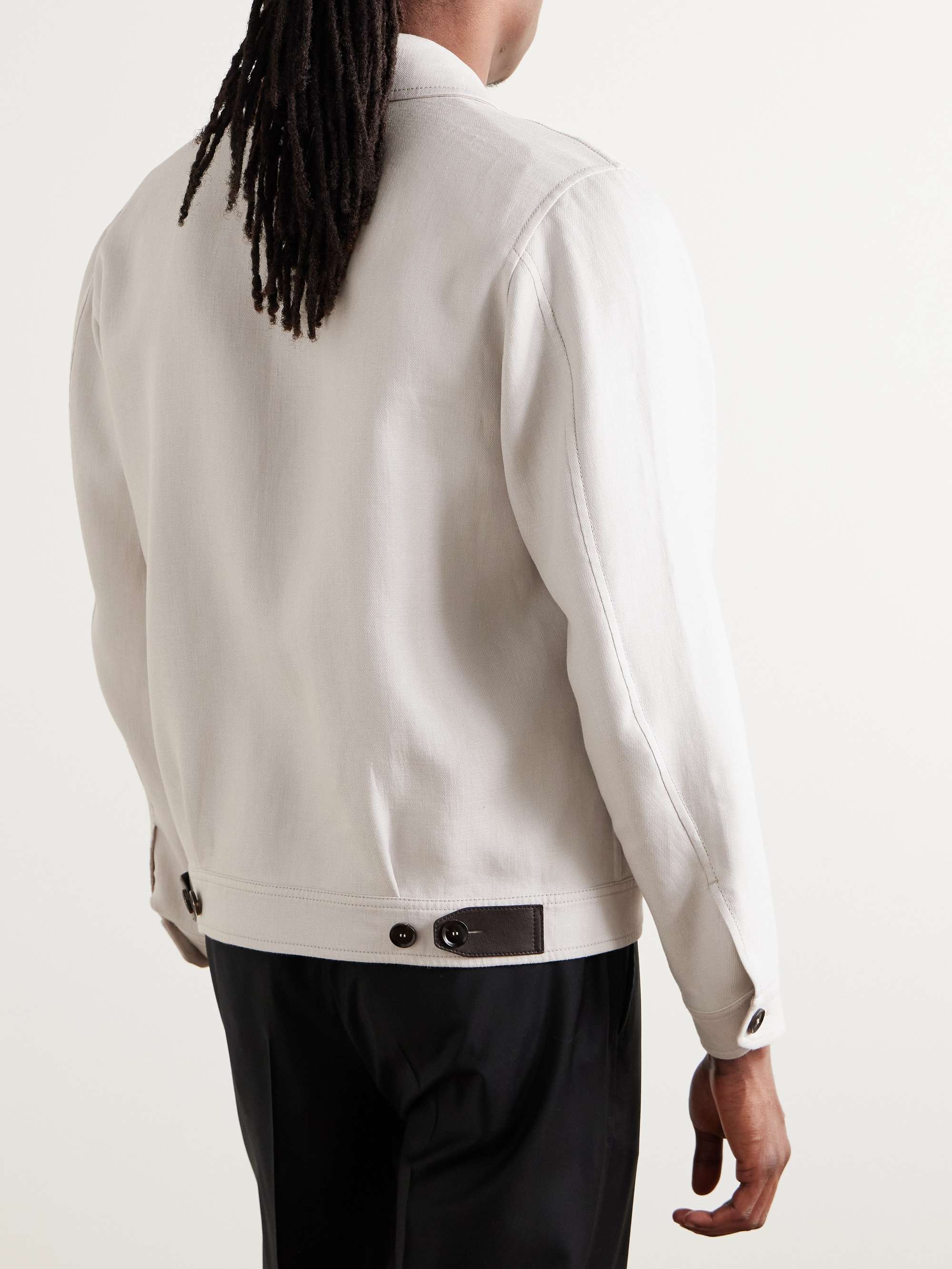 Leather-Trimmed Linen-Blend Bomber Jacket view