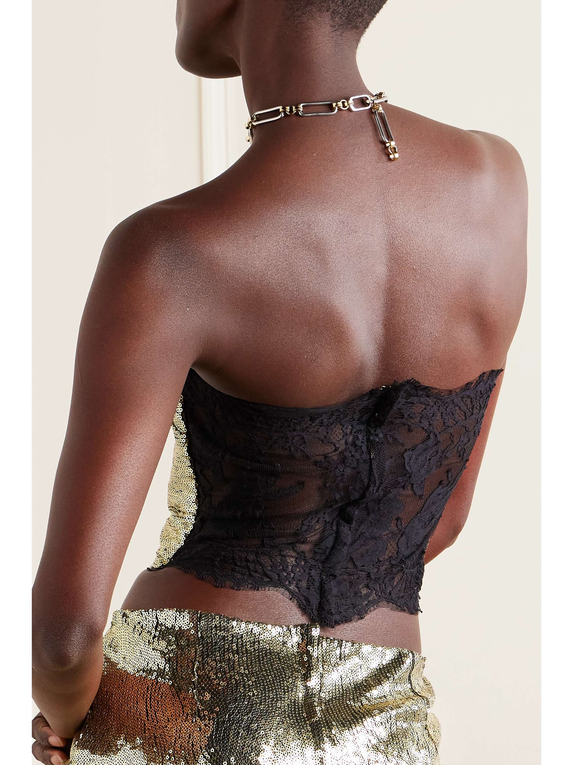 Cropped strapless lace and sequined tulle bustier top view