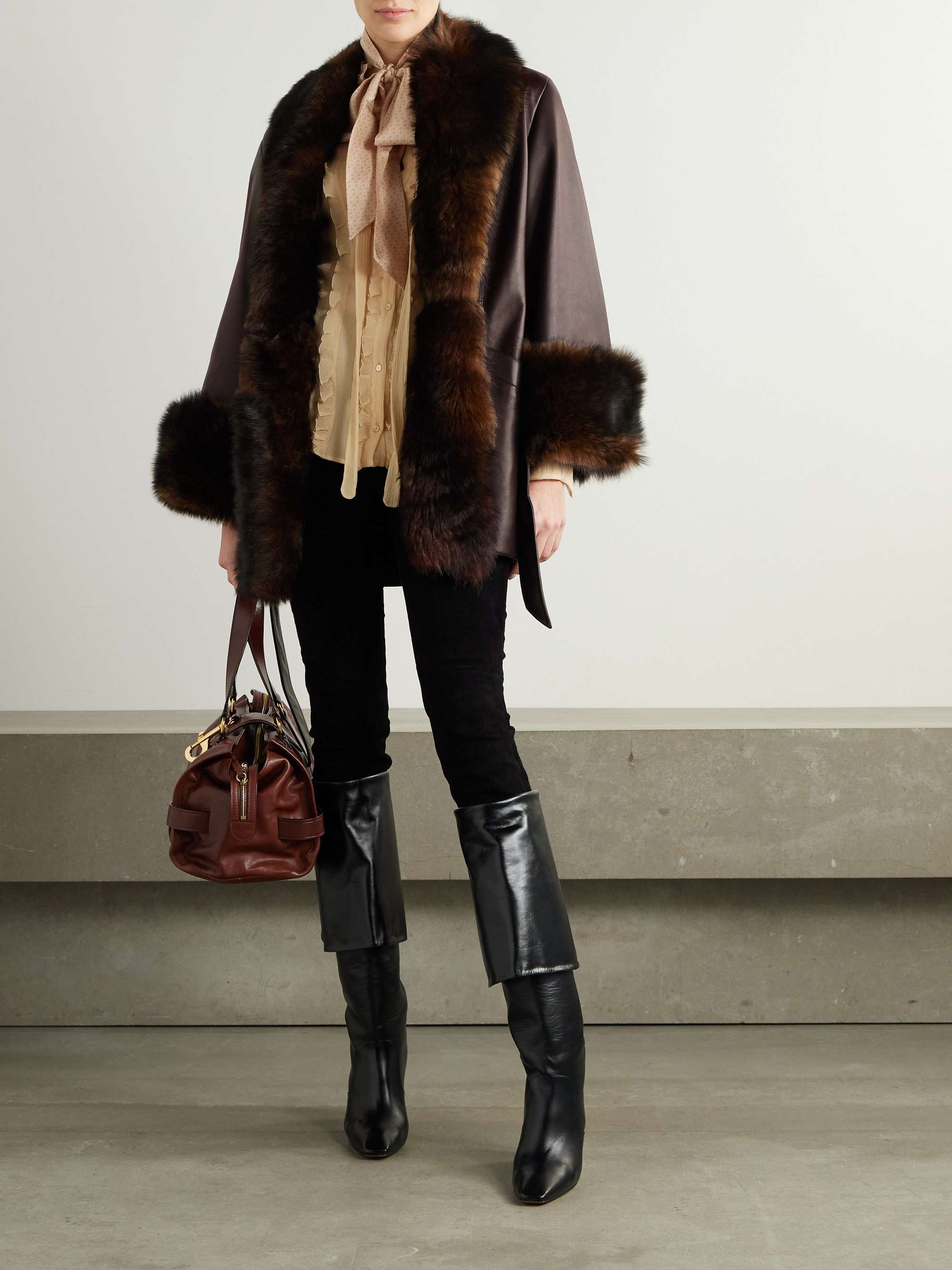 Oversized belted shearling-trimmed leather coat view