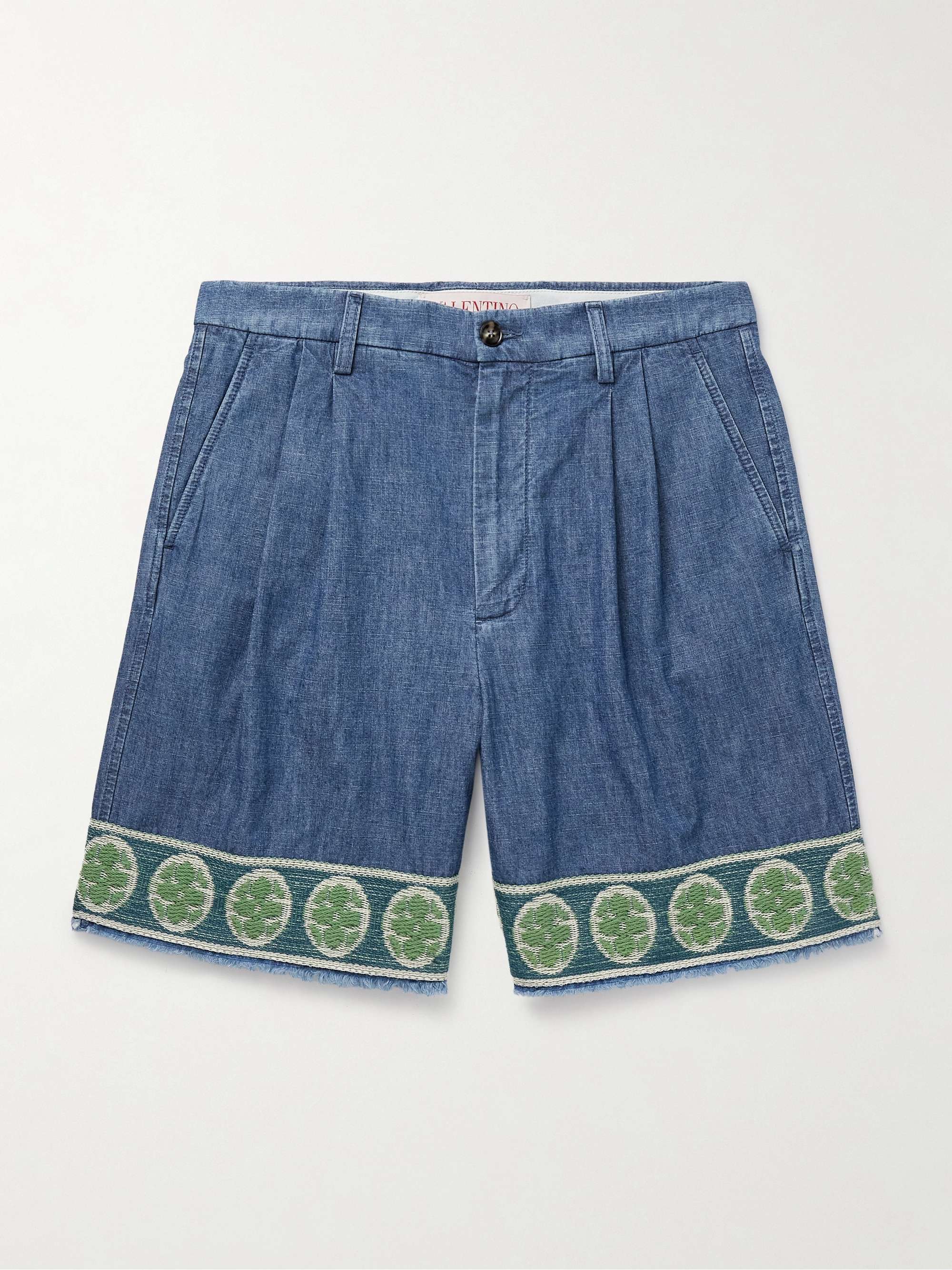 Wide-Leg Pleated Embroidered Denim Shorts view