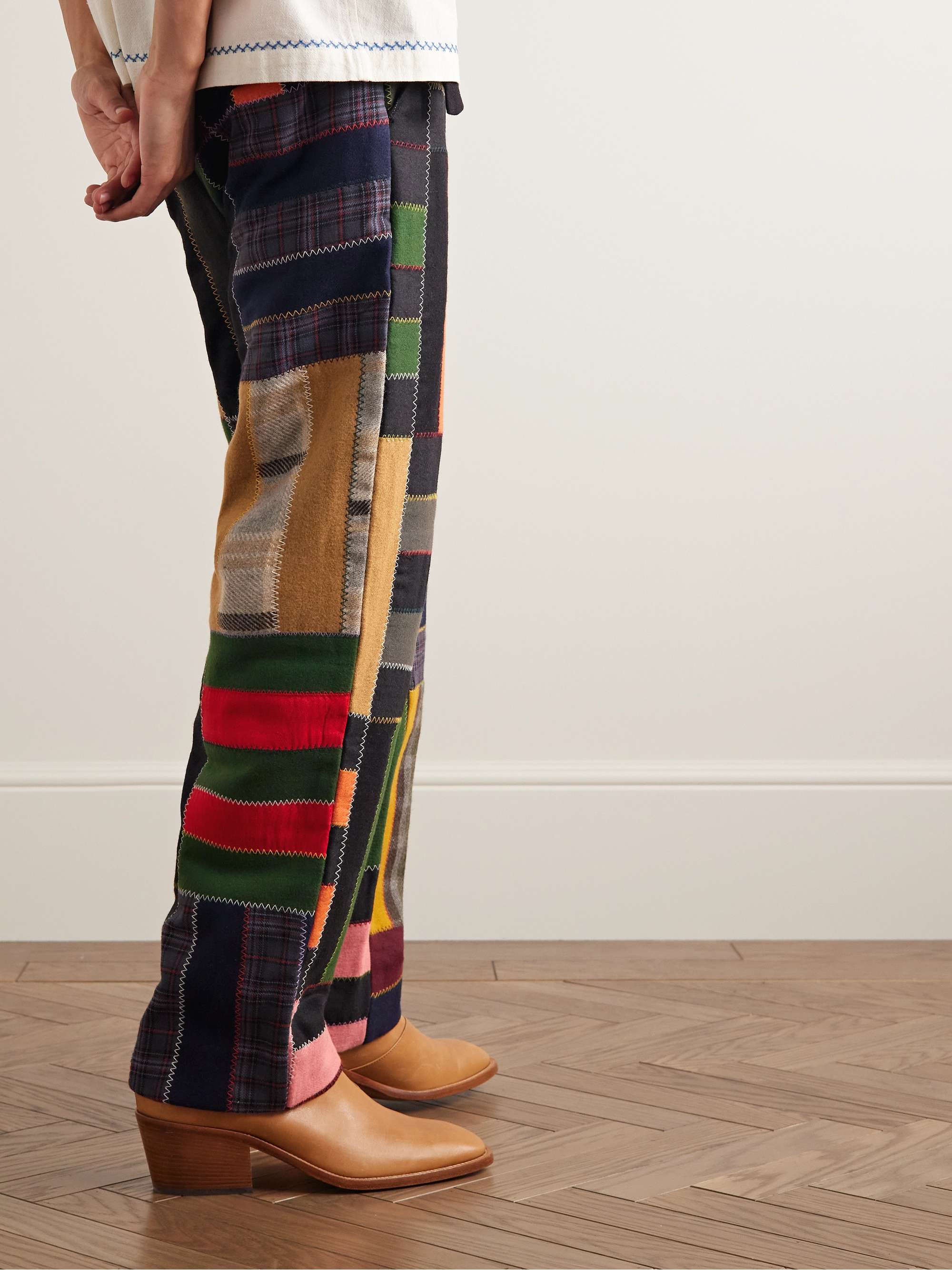 Straight-Leg Patchwork Checked Wool-Blend Trousers view