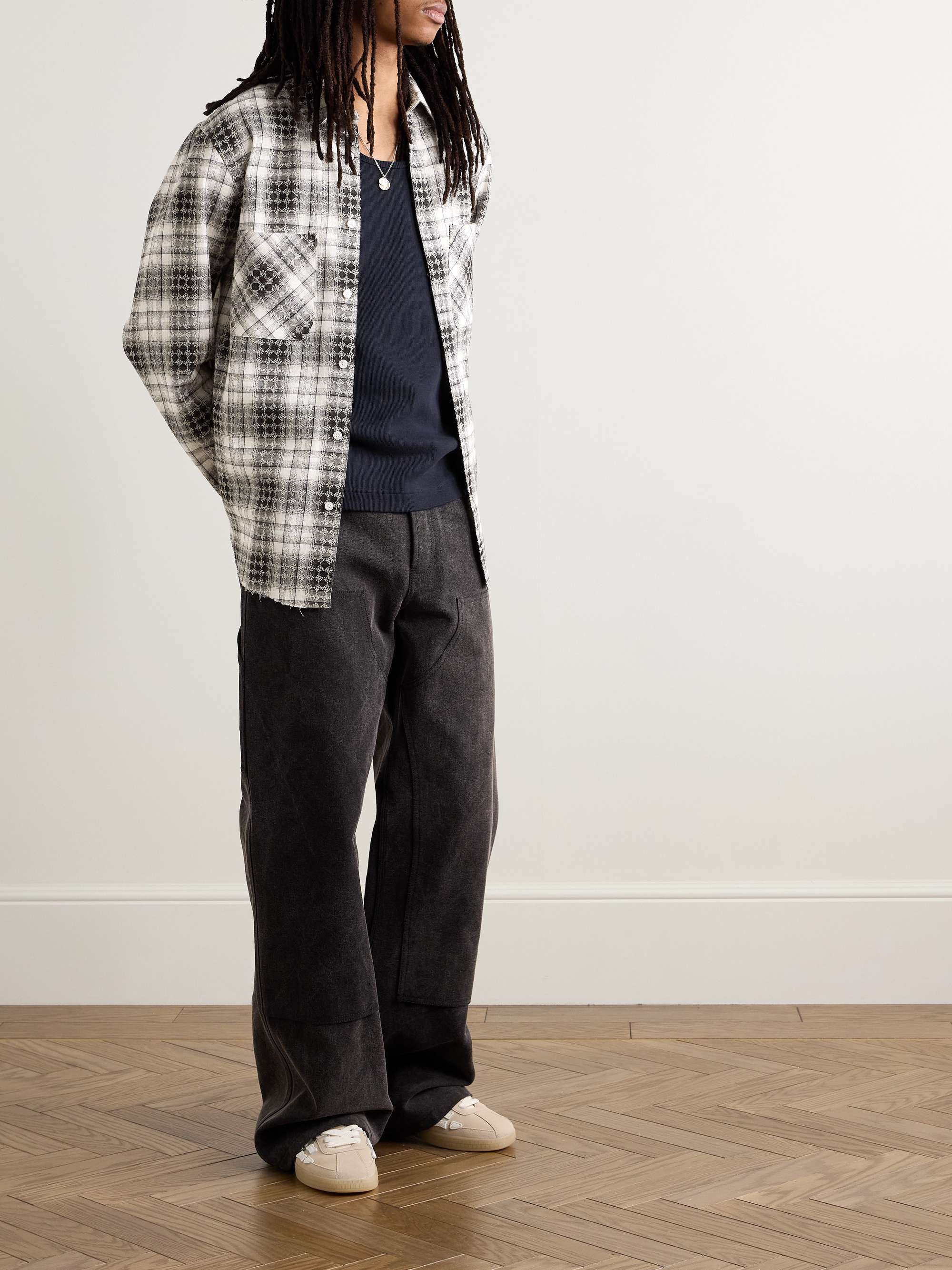 Distressed Logo-Jacquard Checked Cotton-Flannel Shirt view