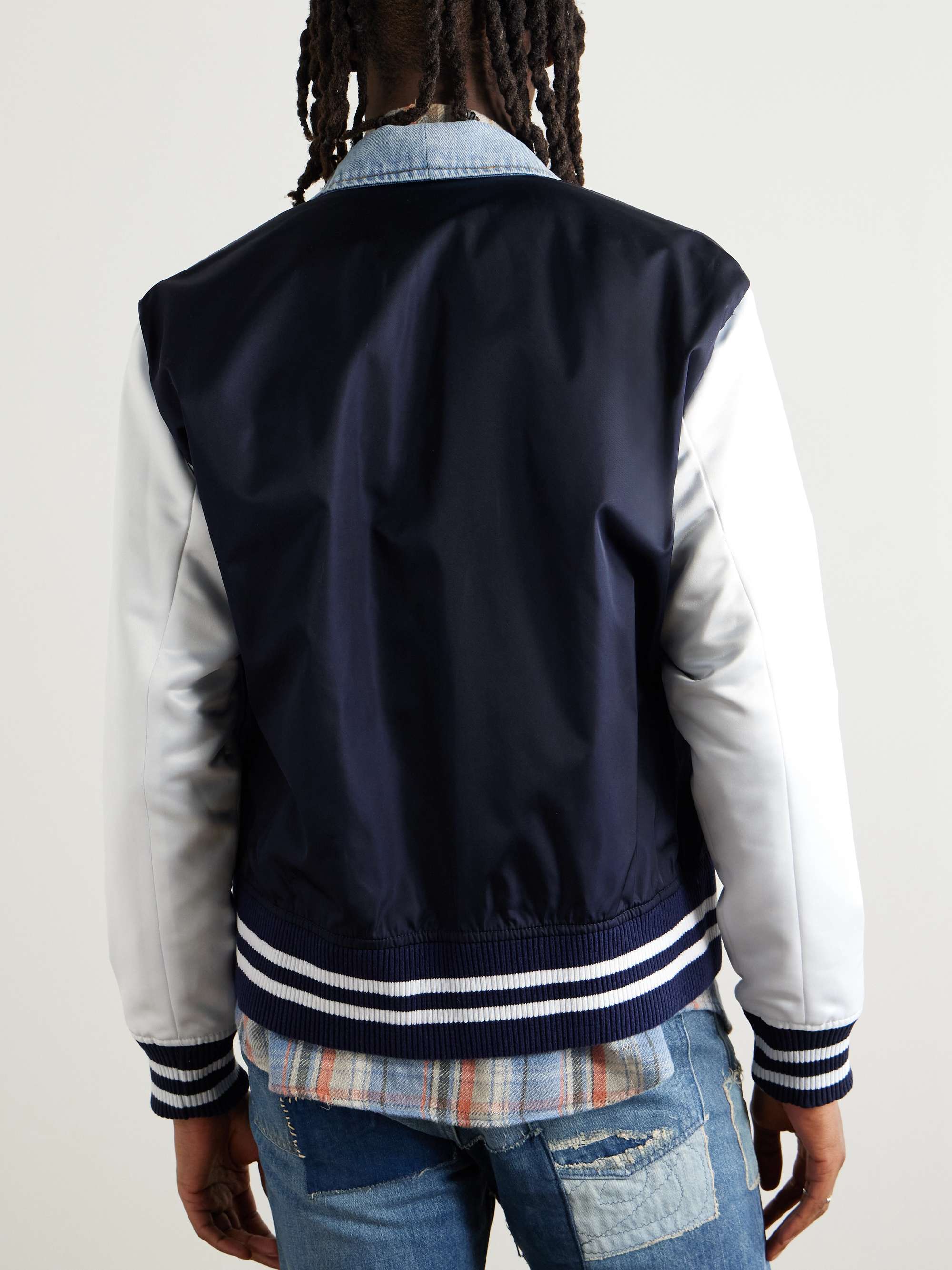 Slim-Fit Denim-Trimmed Satin Varsity Jacket view