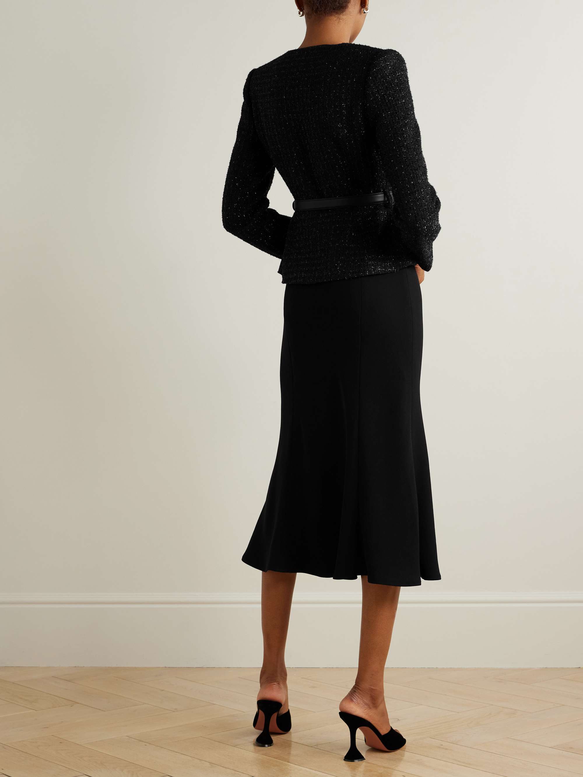 Belted layered sequined bouclé and satin midi dress view