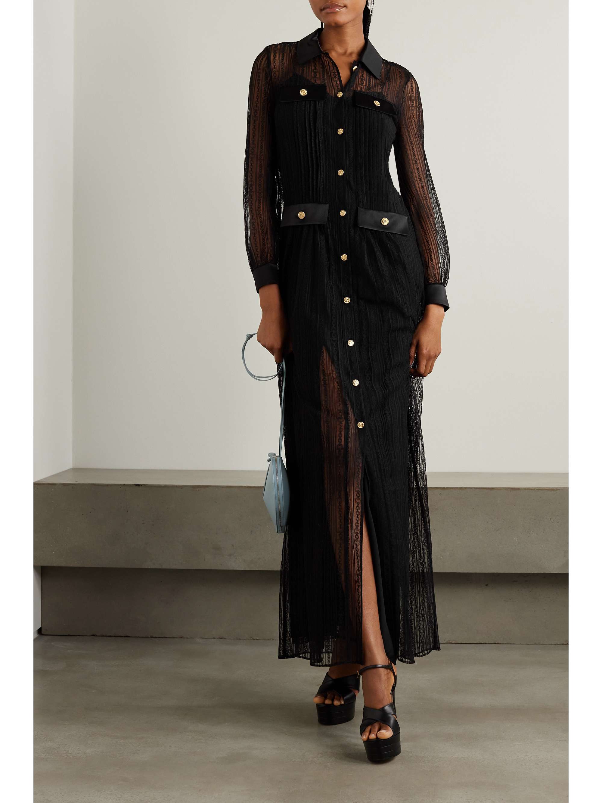 Button-embellished leather-trimmed lace maxi dress view
