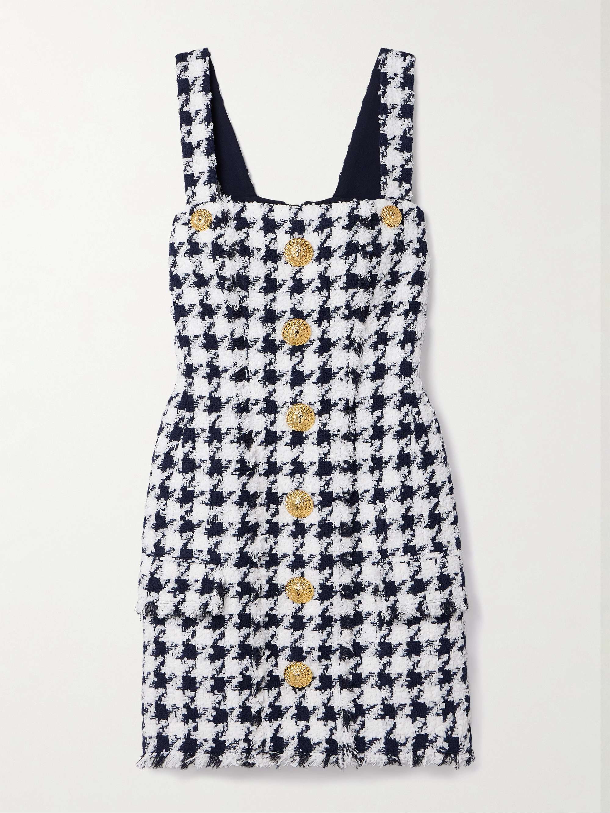 Button-embellished frayed tweed mini dress view