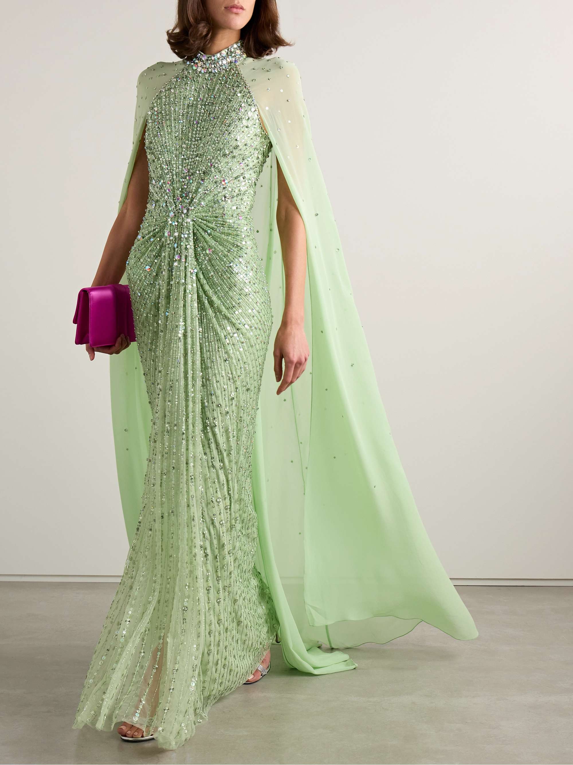 Cape-effect embellished georgette-trimmed tulle gown view