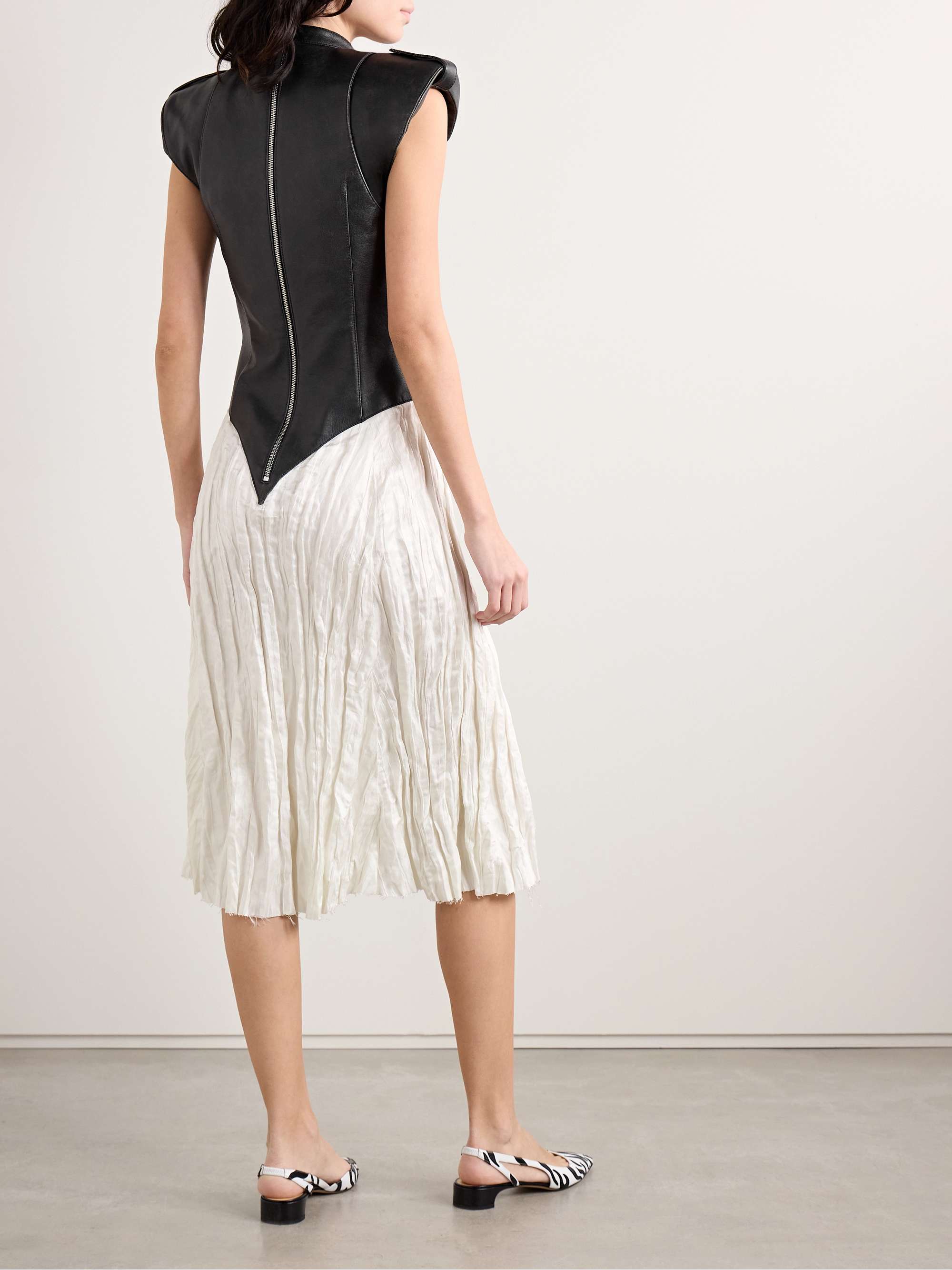 Athena paneled leather and crinkled silk-blend twill midi dress view