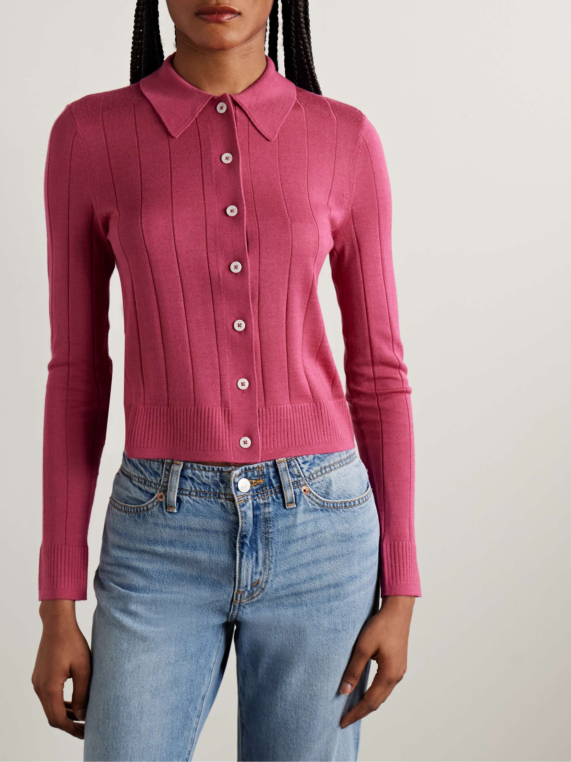 The Caroline ribbed merino wool, silk and cashmere-blend cardigan view