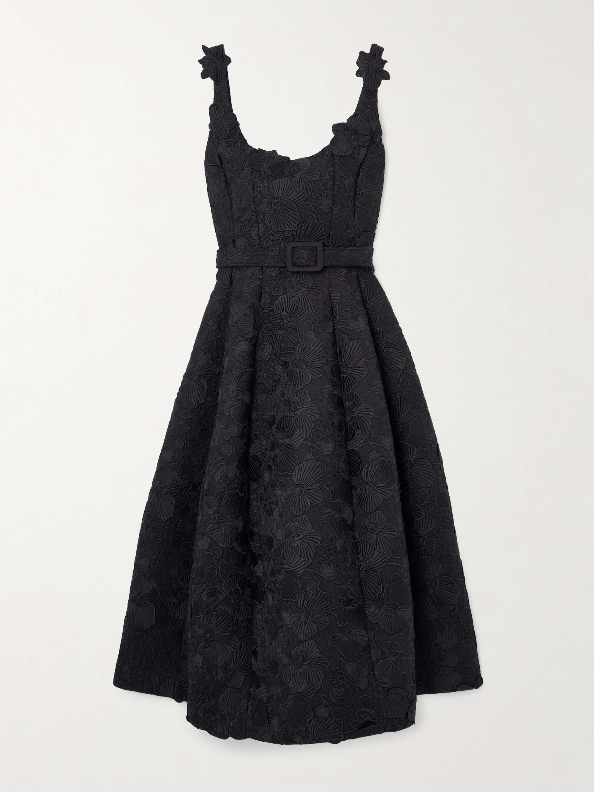Belted appliquéd guipure lace and silk-blend crepe midi dress view
