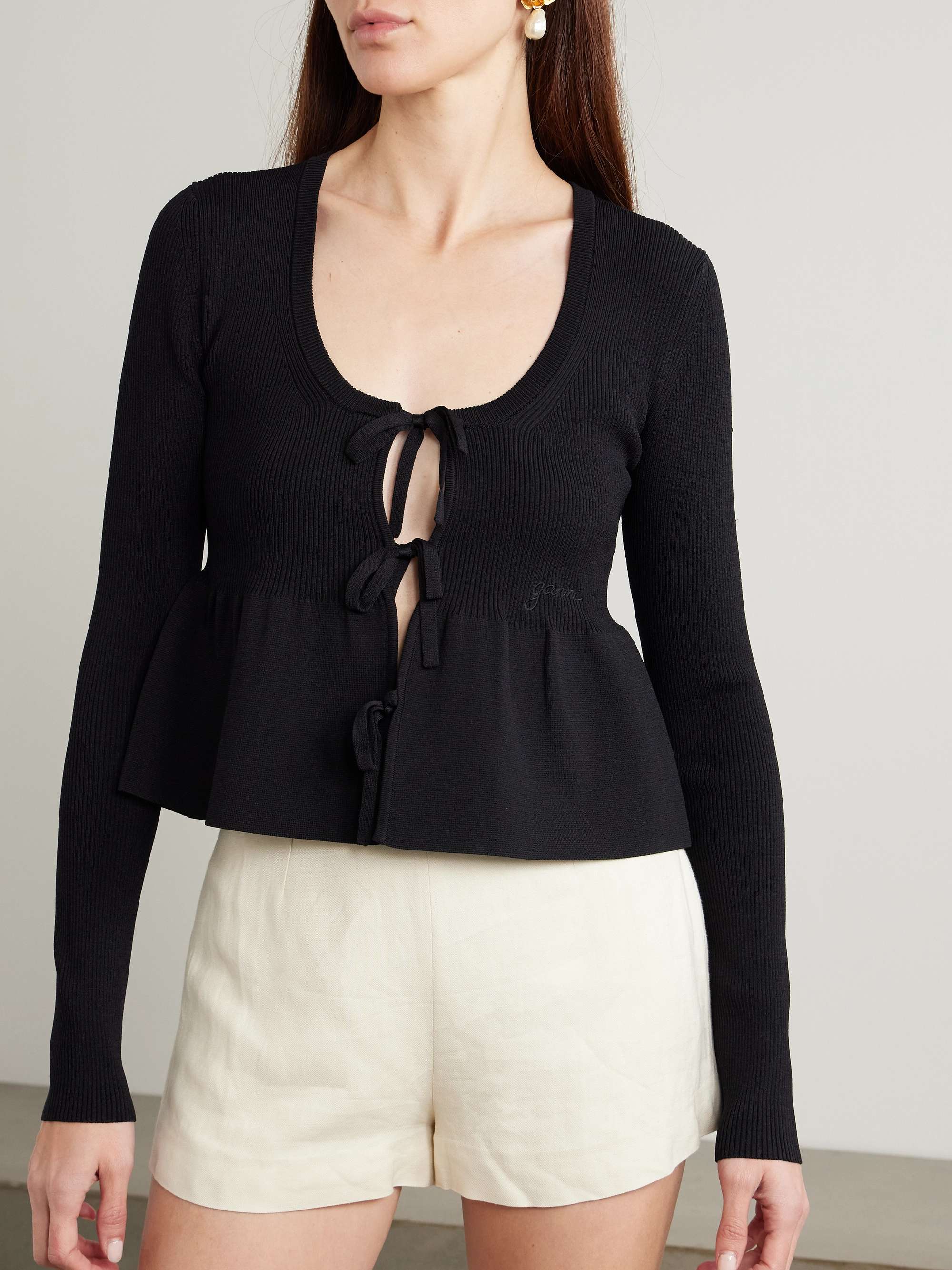 Cropped tie-detailed ruffled ribbed-knit cardigan view