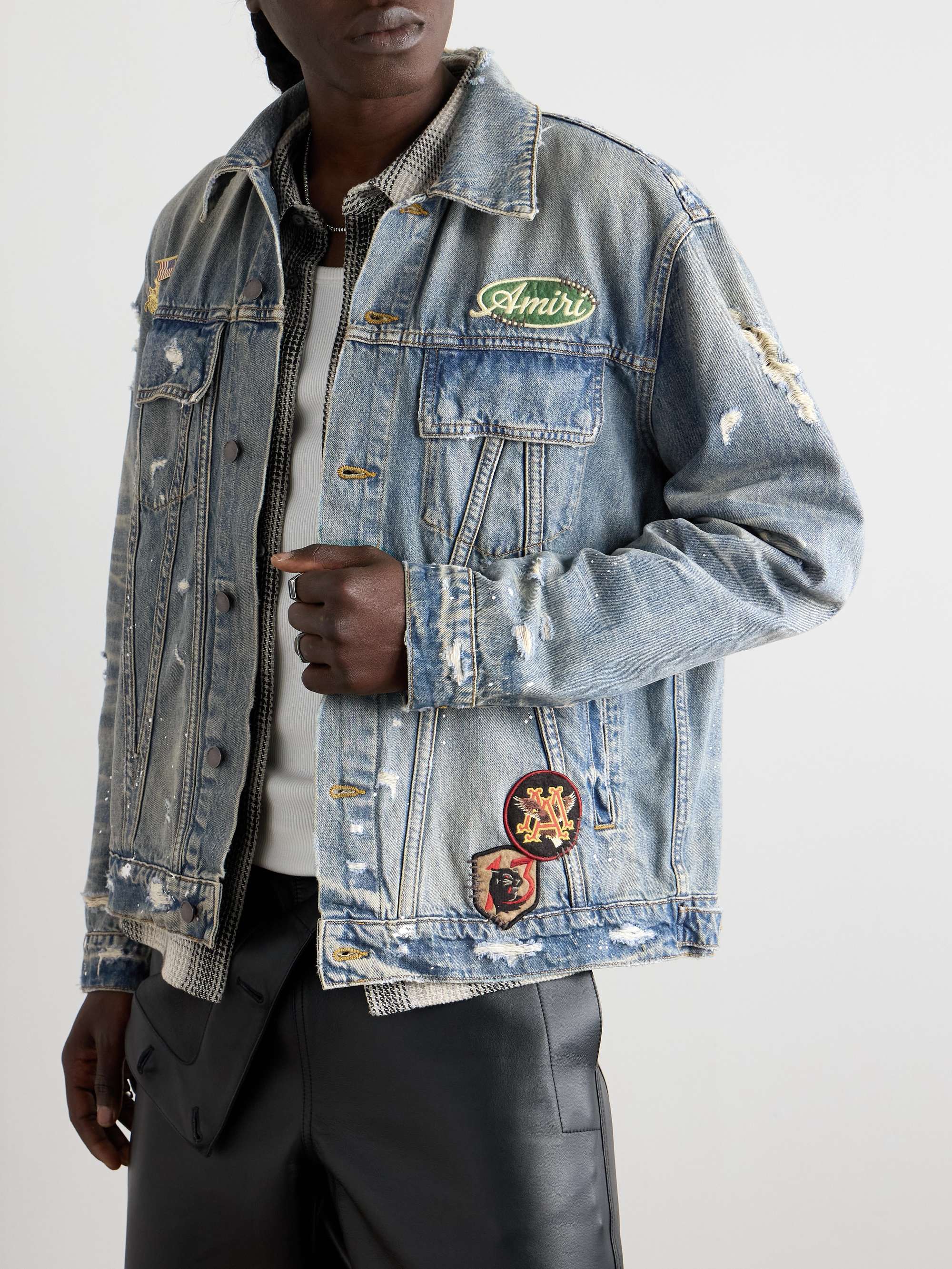 Vintage Pegasus Embellished Distressed Paint-Splattered Denim Trucker Jacket view