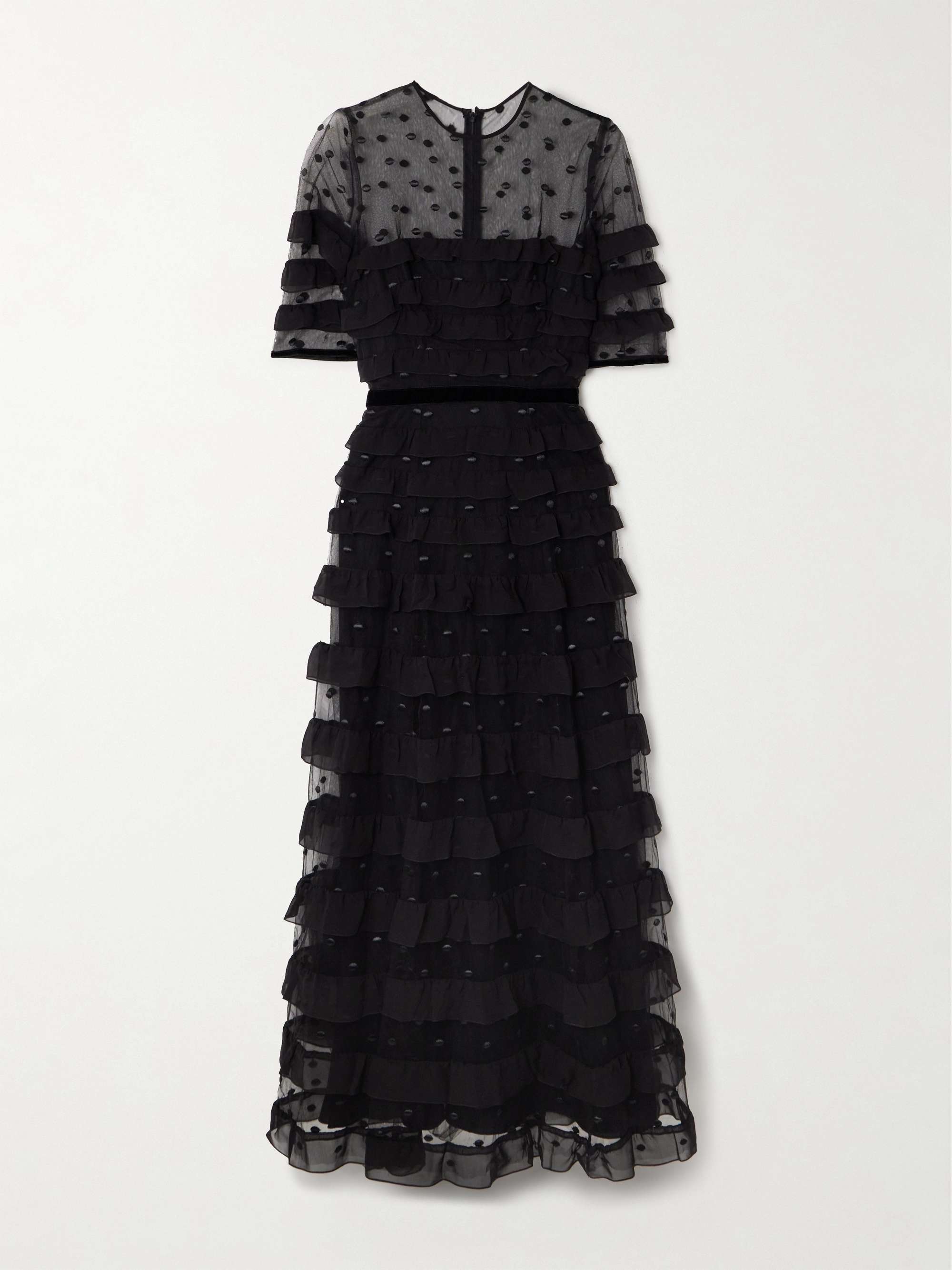 Velvet-trimmed point d'esprit and ruffled chiffon midi dress view