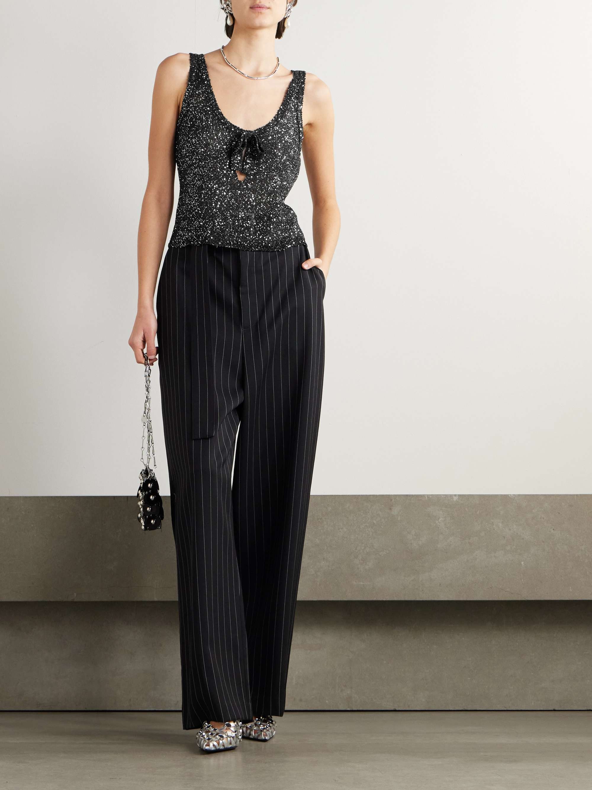 Tie-detailed sequined knitted tank view