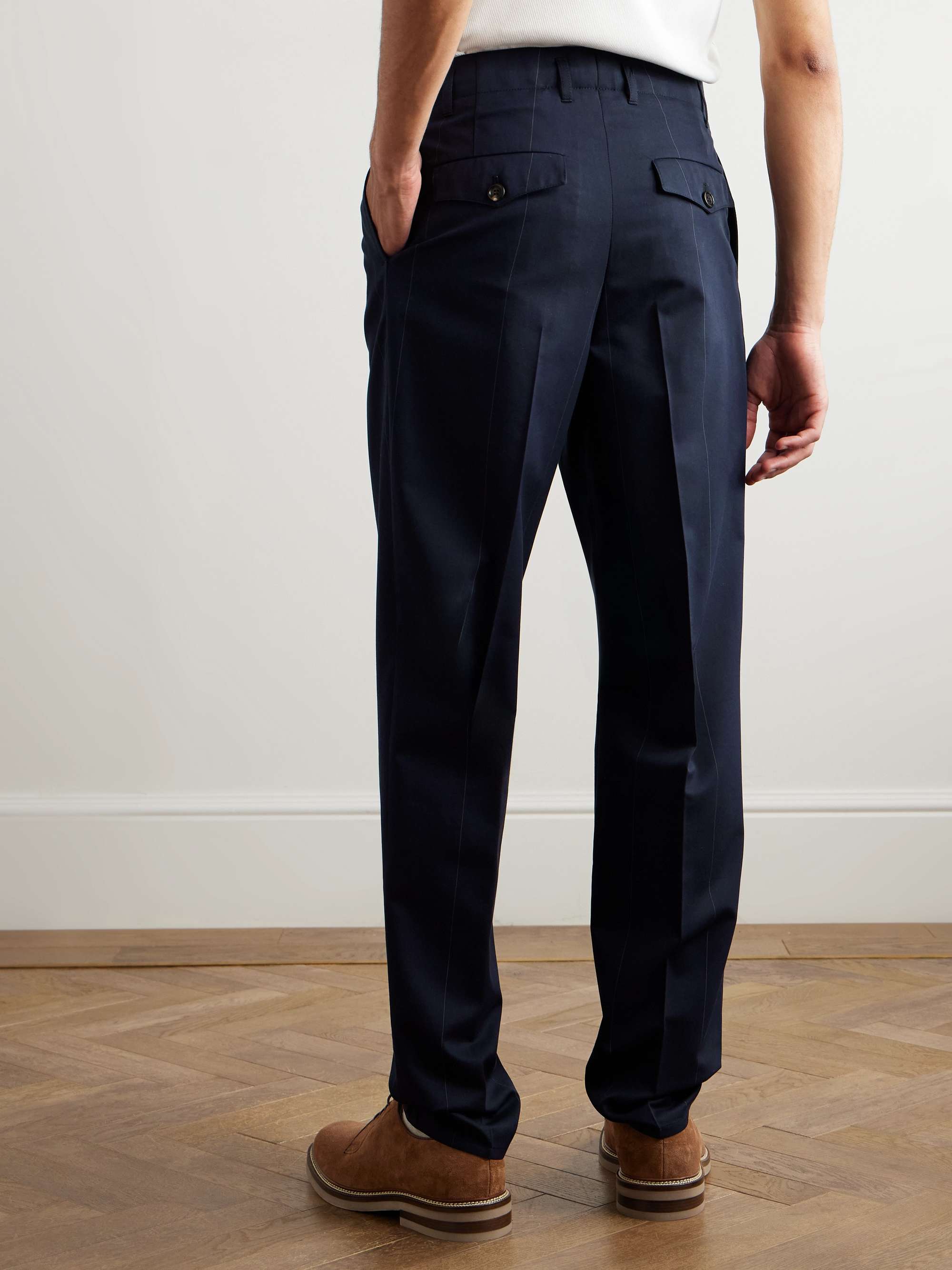 Tapered Pleated Pinstriped Wool and Cotton-Blend Trousers view
