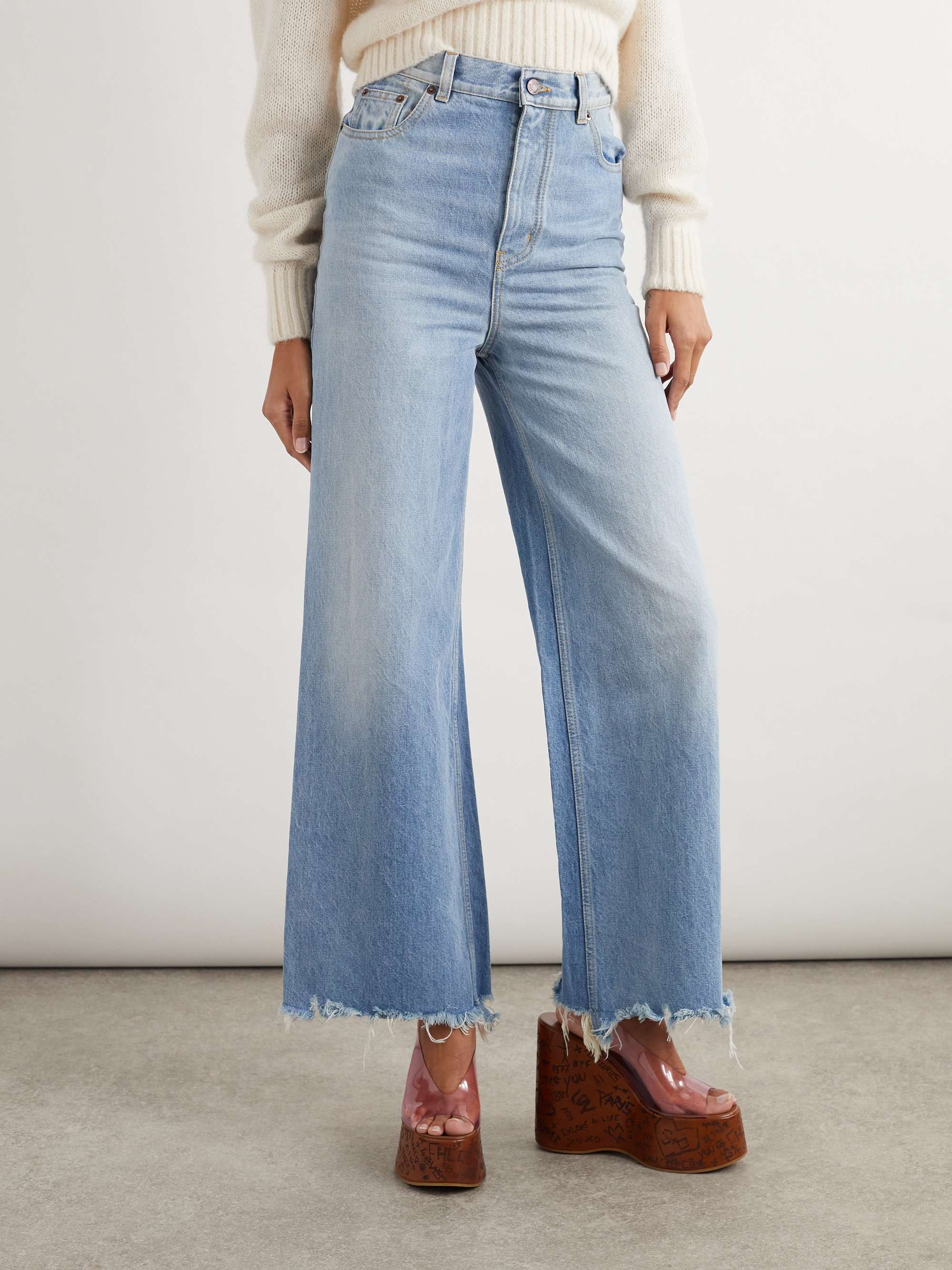 Frayed high-rise wide-leg jeans view