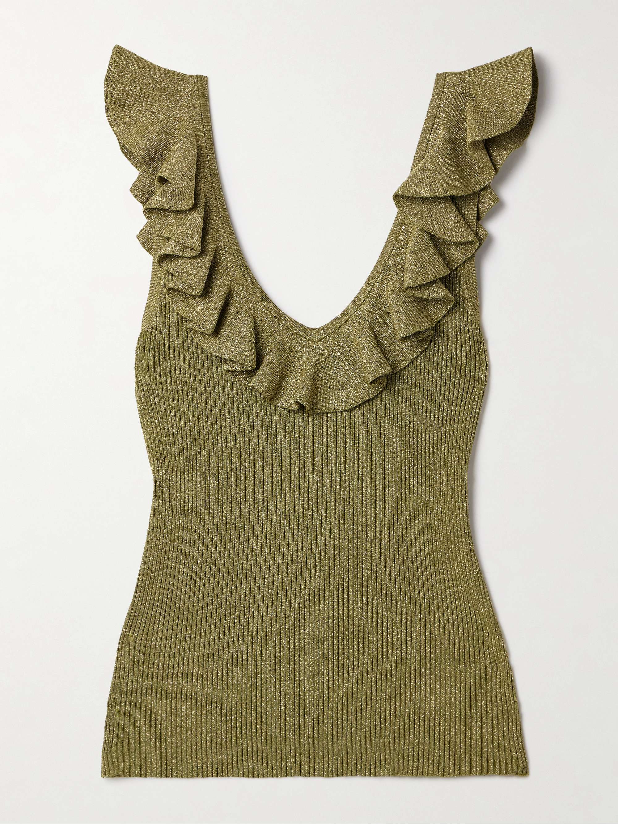 Wylie ruffled metallic ribbed-knit top view