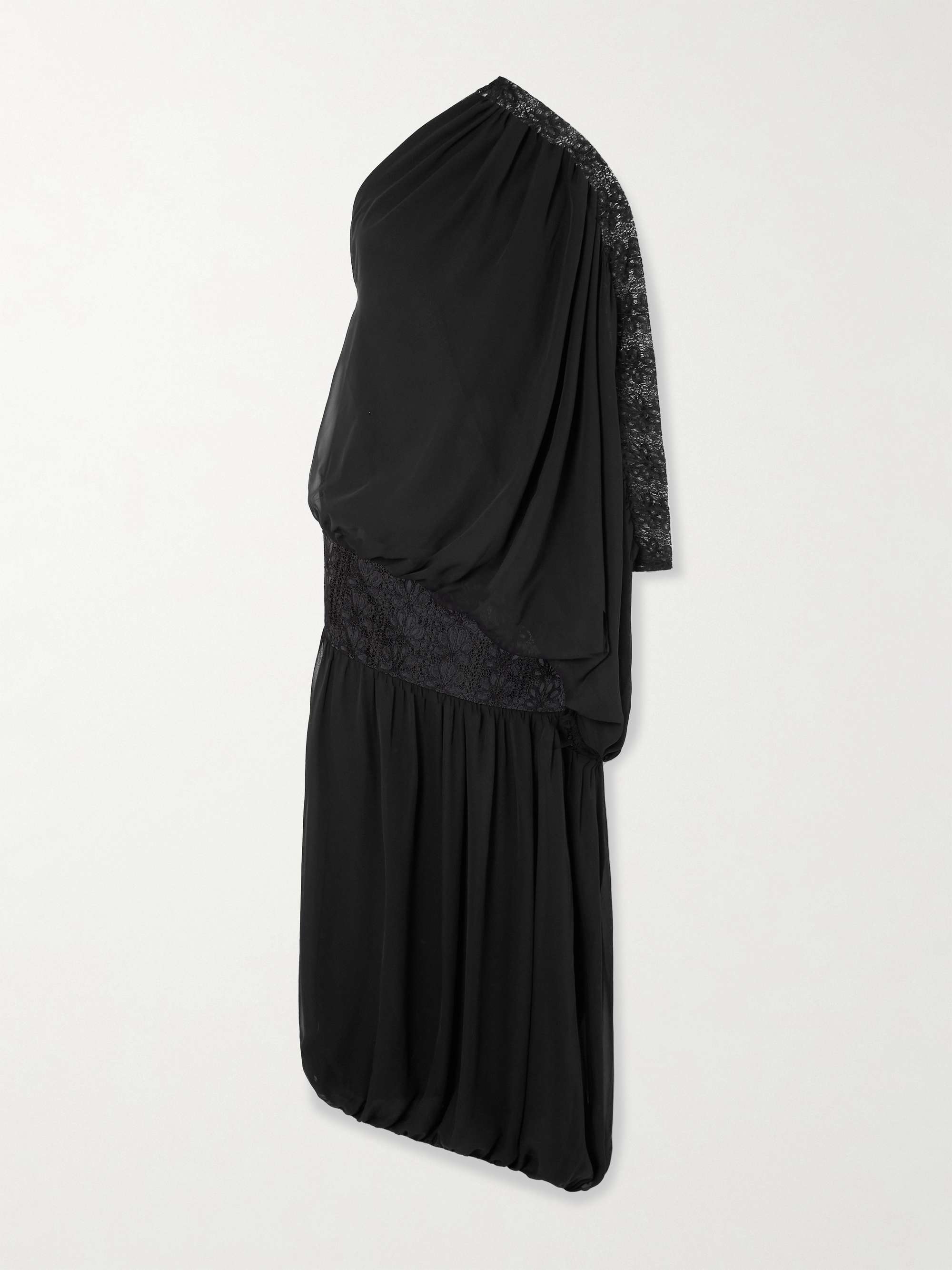 One-shoulder draped georgette and lace gown view