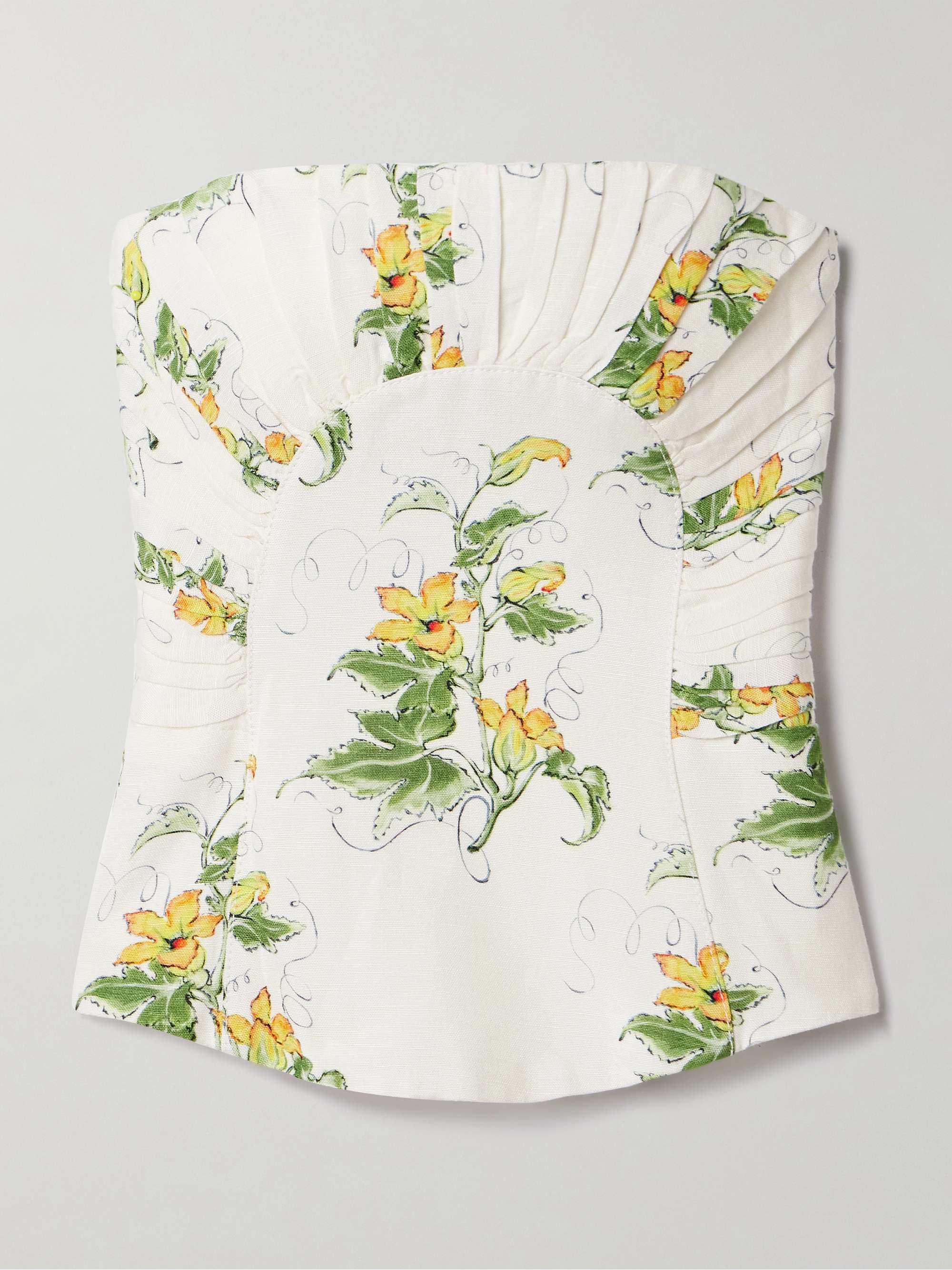 Otta strapless pleated floral-print linen-blend bustier top view