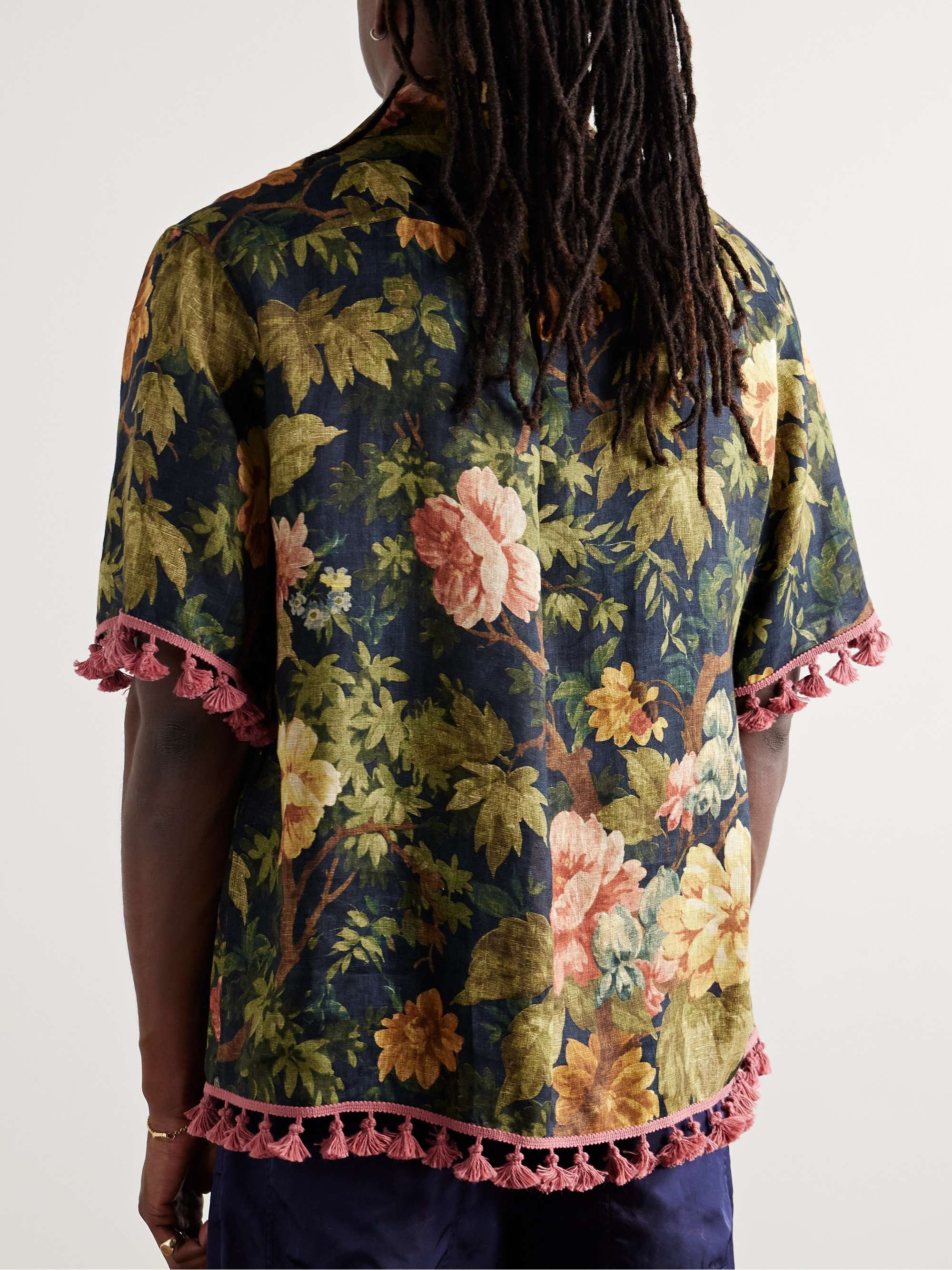 Camp-Collar Tasselled Floral-Print Linen Shirt view