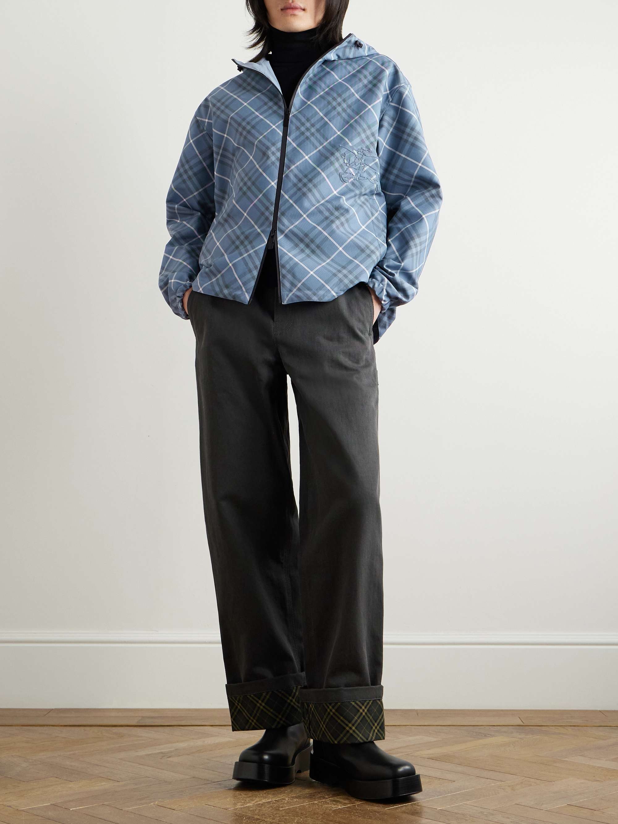 Oversized Reversible Logo-Appliquéd Checked Gabardine and Nylon Hooded Jacket view