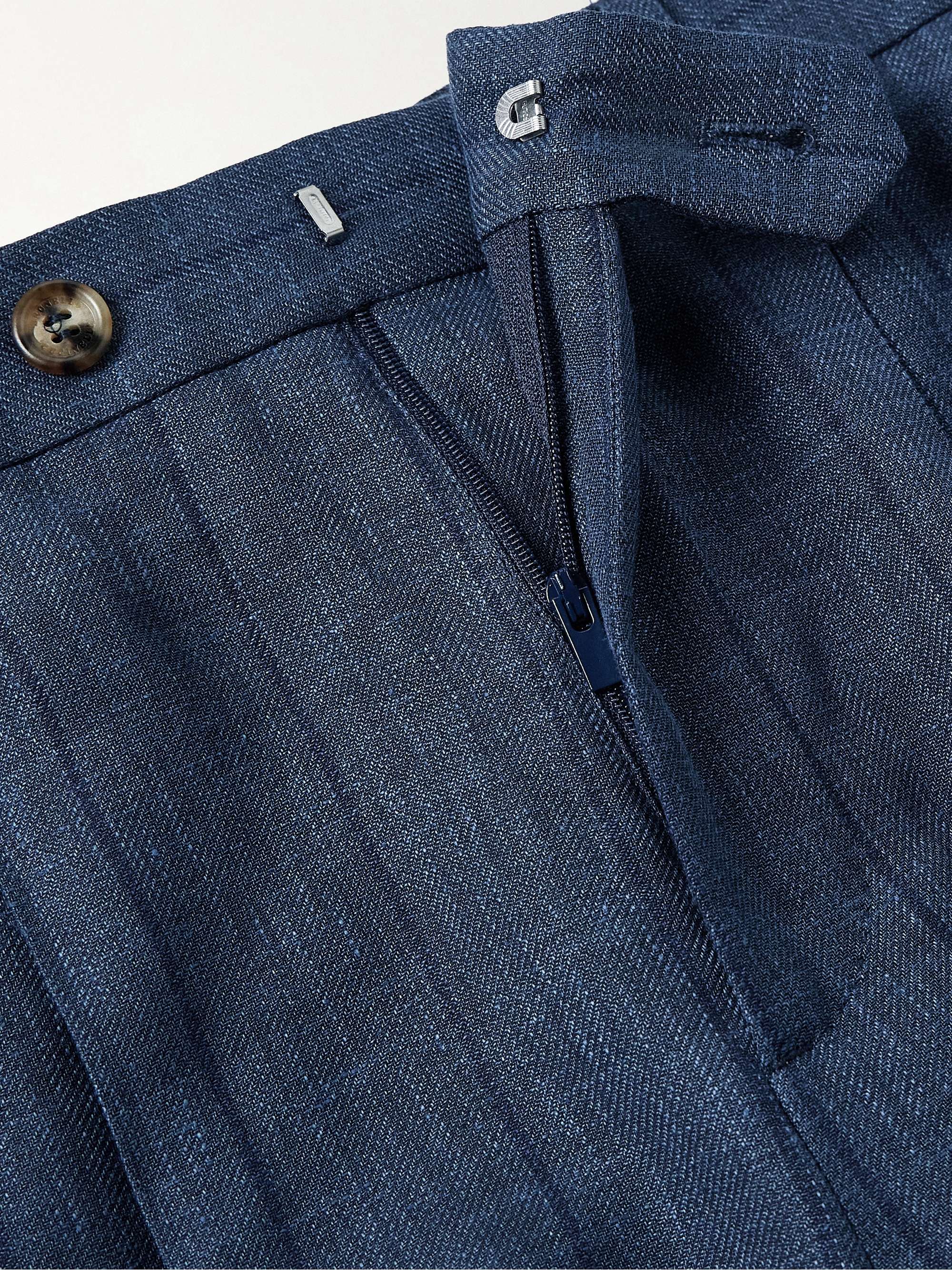 Slim-Fit Pleated Striped Wool, Linen and Silk-Blend Suit Trousers view