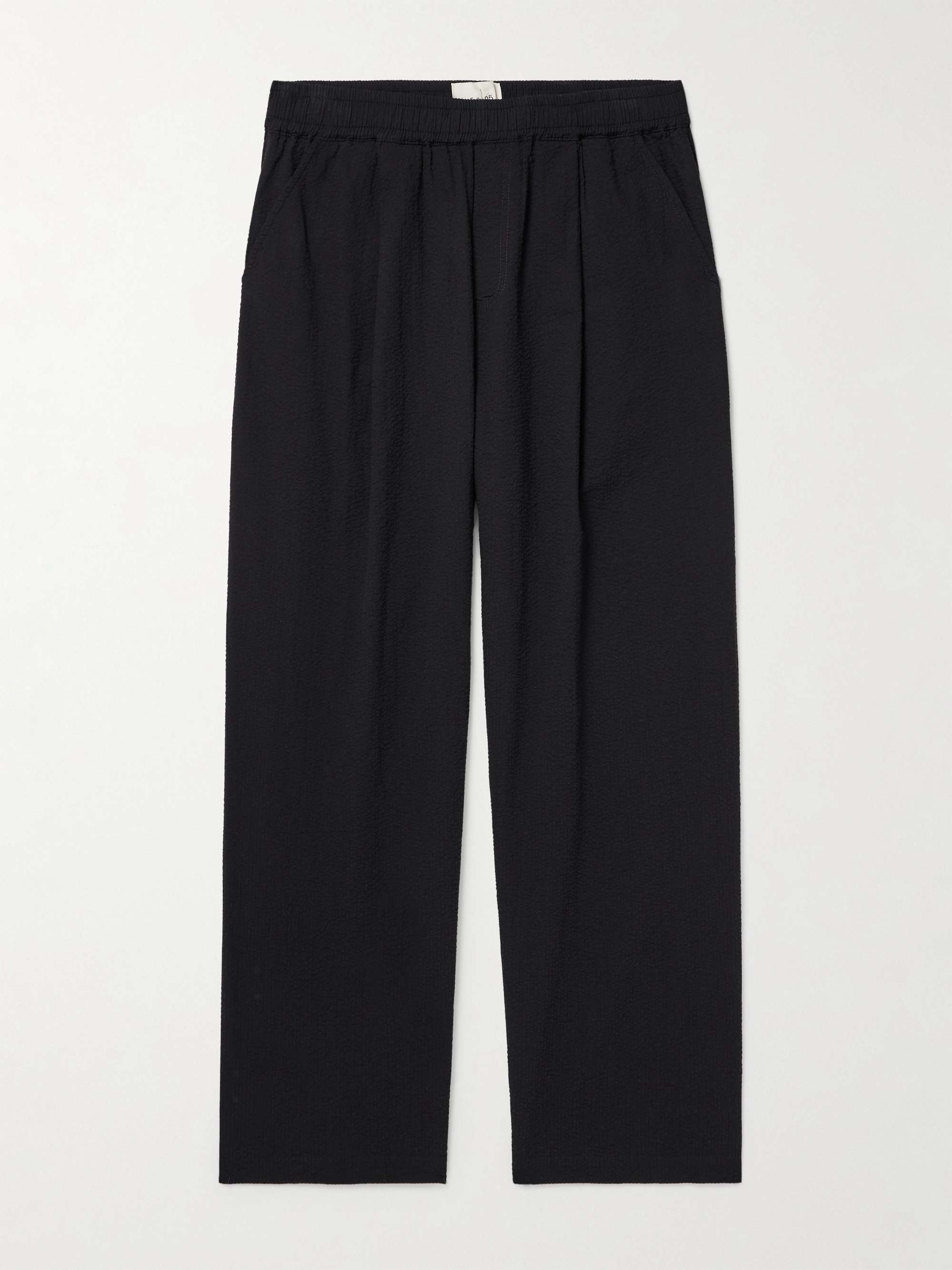 Anniversary Wide-Leg Pleated Cotton-Seersucker Drawstring Trousers view