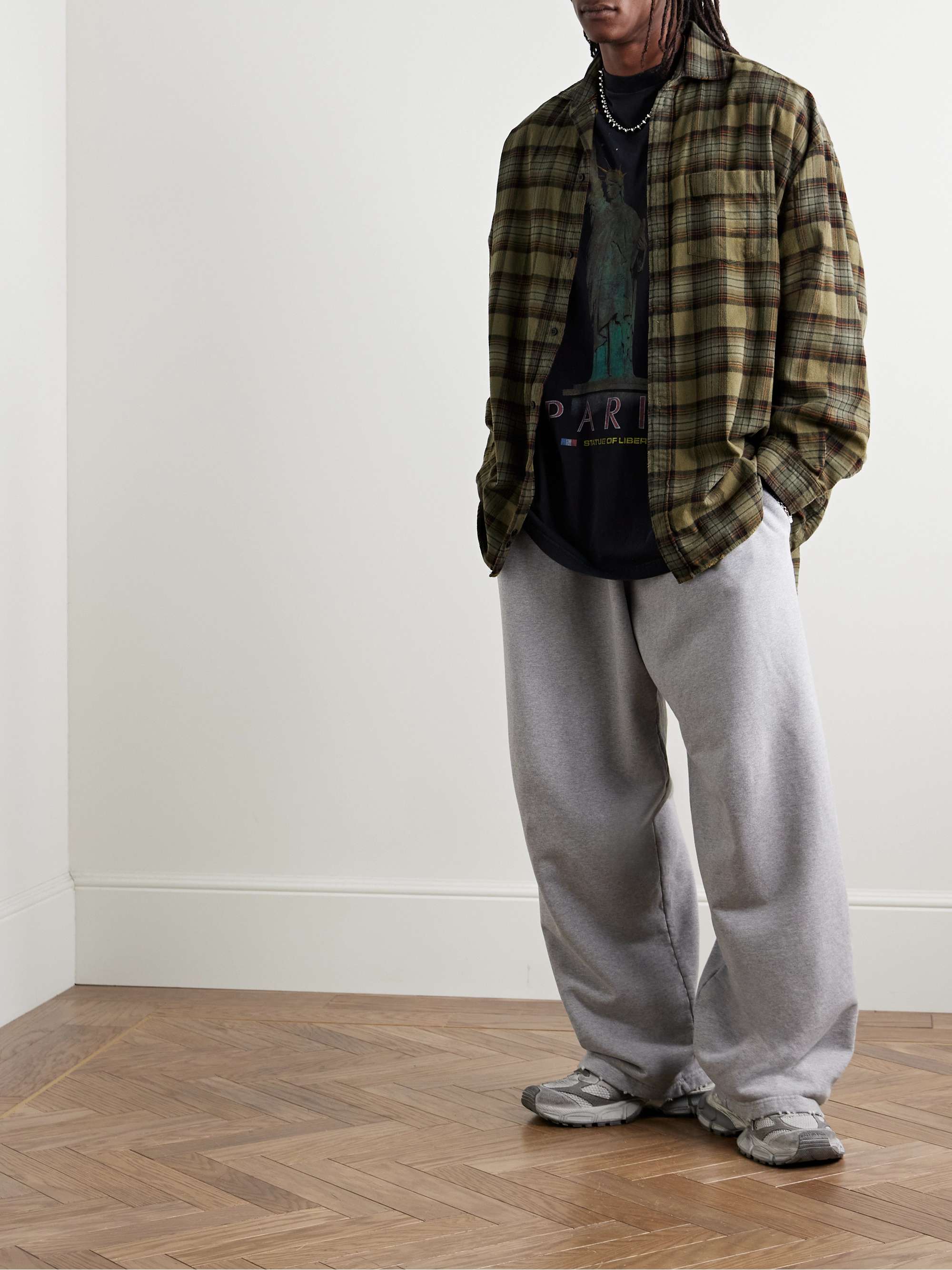 Oversized Layered Checked Cotton-Flannel and Printed Jersey Shirt view