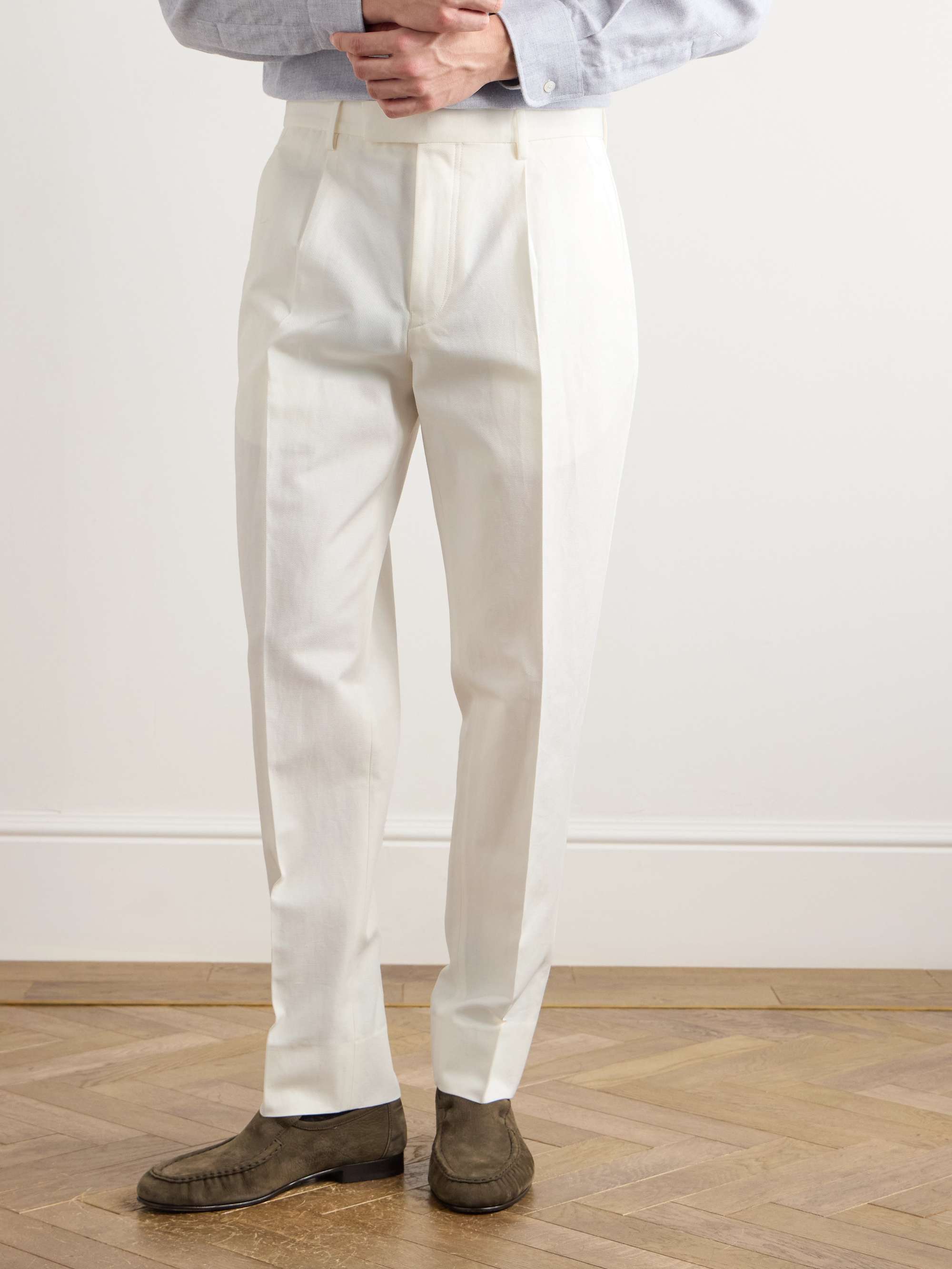 Tapered Pleated Cotton and Linen-Blend Twill Trousers view