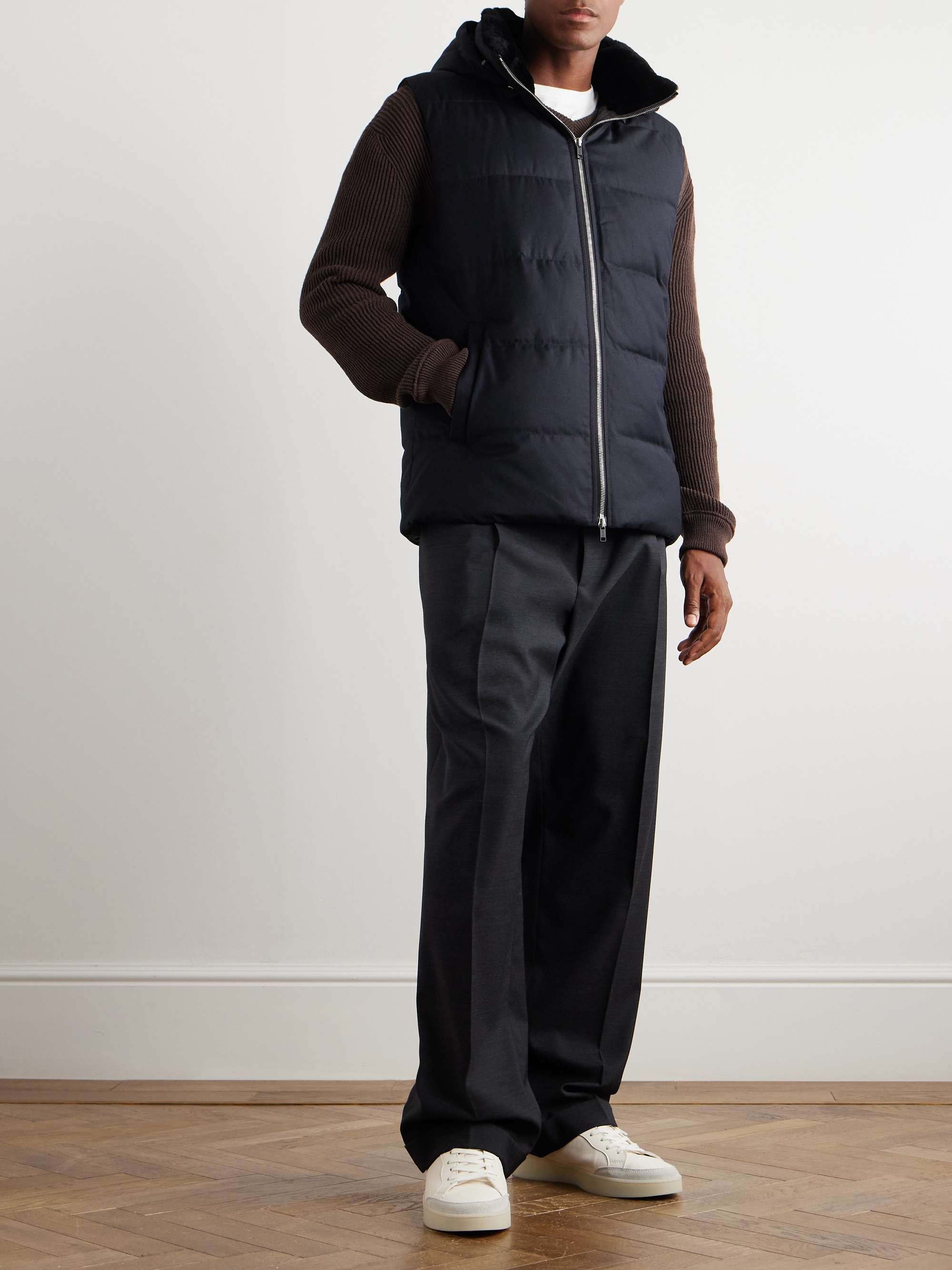 Shearling-Trimmed Quilted Wool and Silk-Blend Hooded Down Gilet view