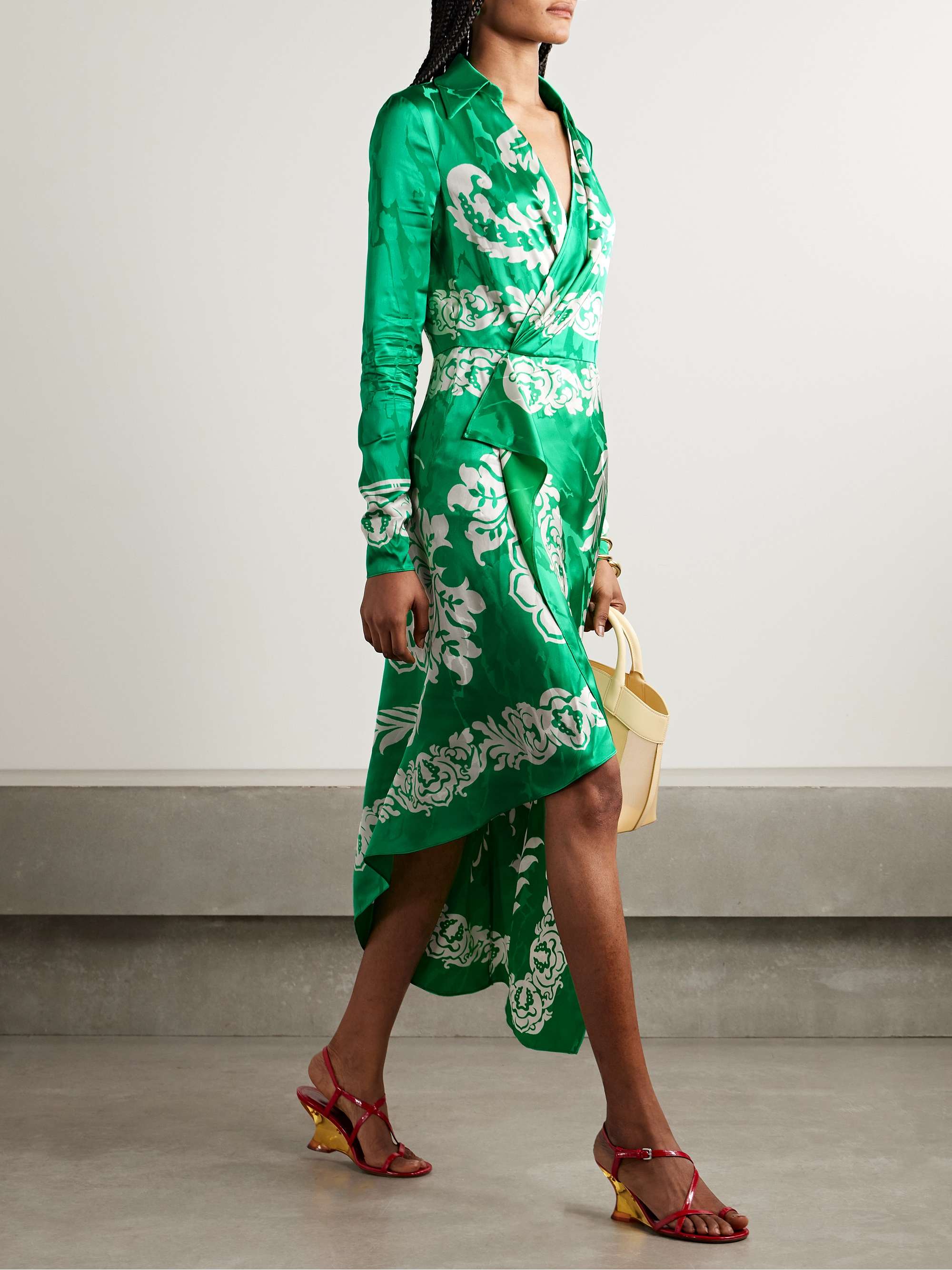 Wrap-effect draped printed satin-jacquard midi dress view