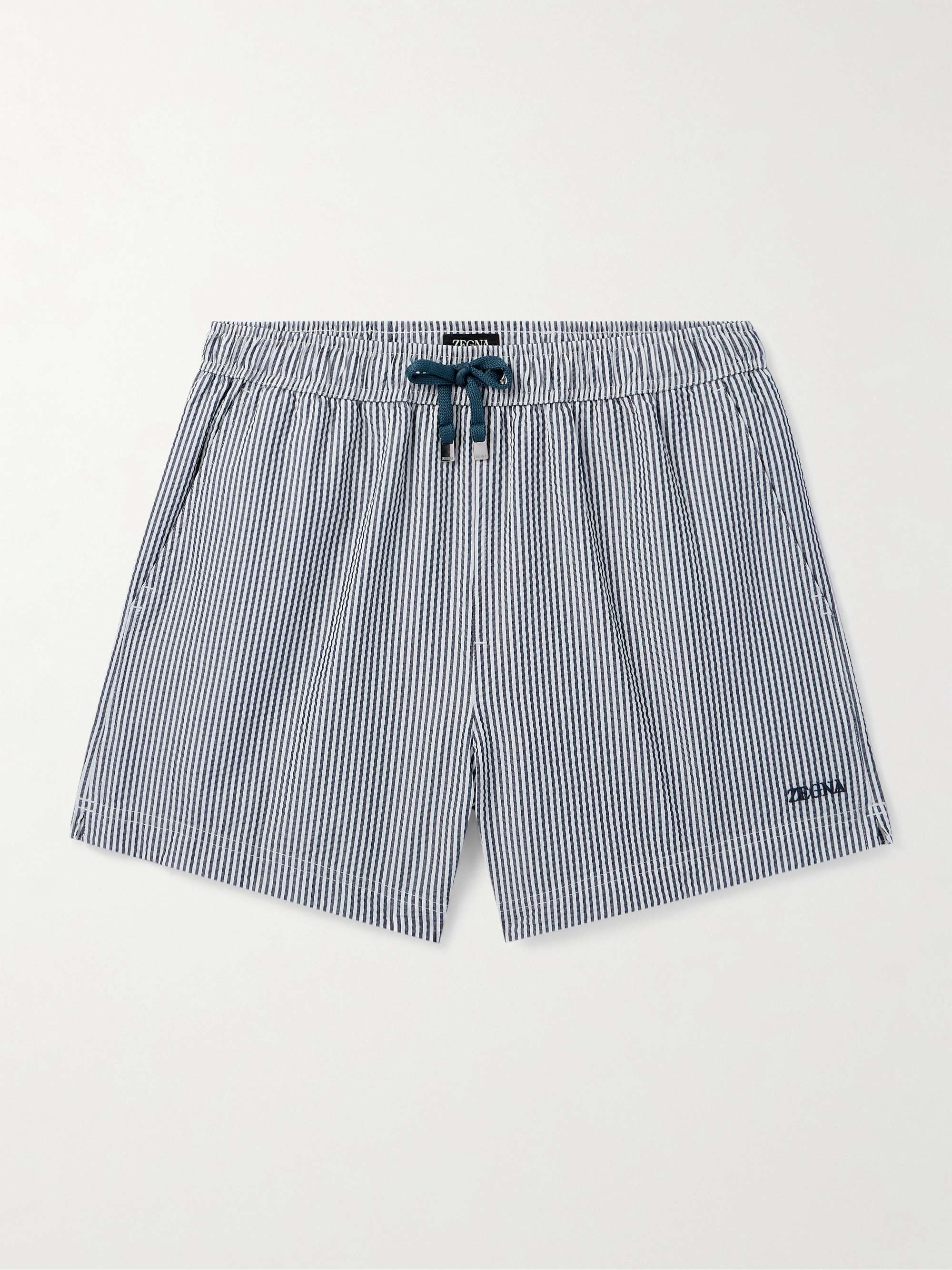 Straight-Leg Mid-Length Striped Seersucker Shorts view