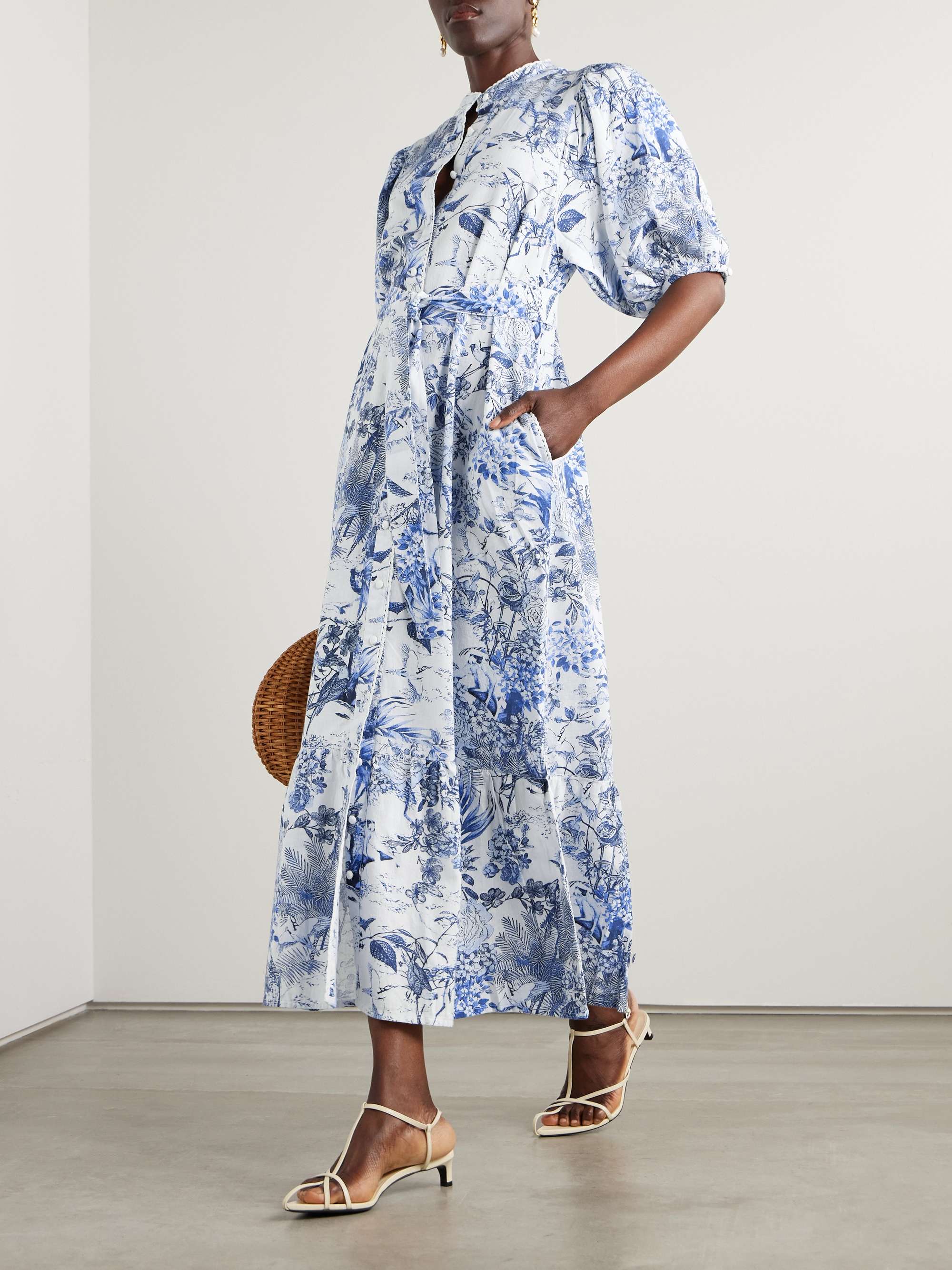 Kitty belted printed cotton and linen-blend midi dress view