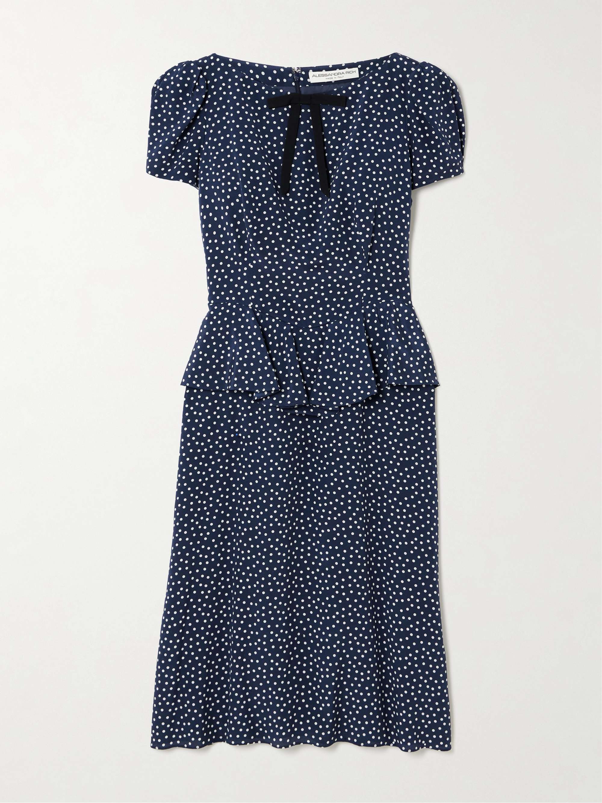 Bow-detailed ruffled polka-dot silk midi dress view