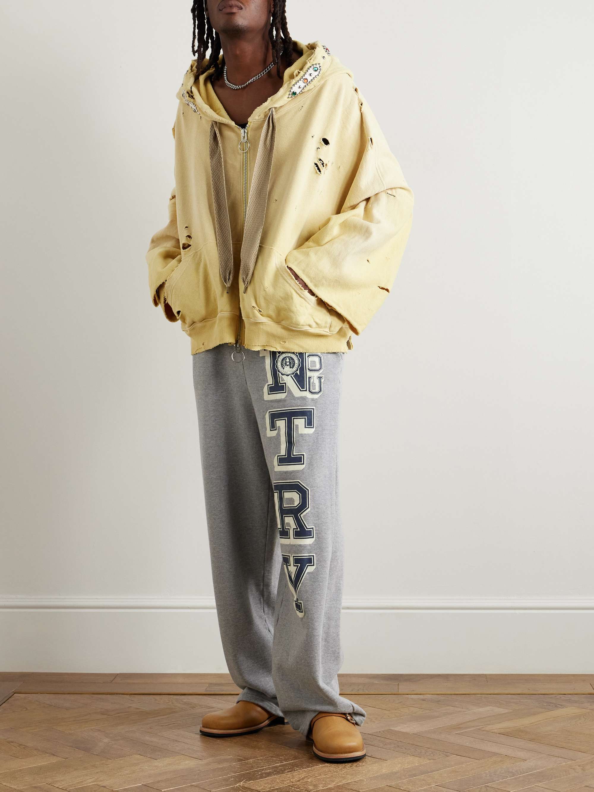 Embelished Distressed Cotton-Jersey Zip-Up Hoodie view