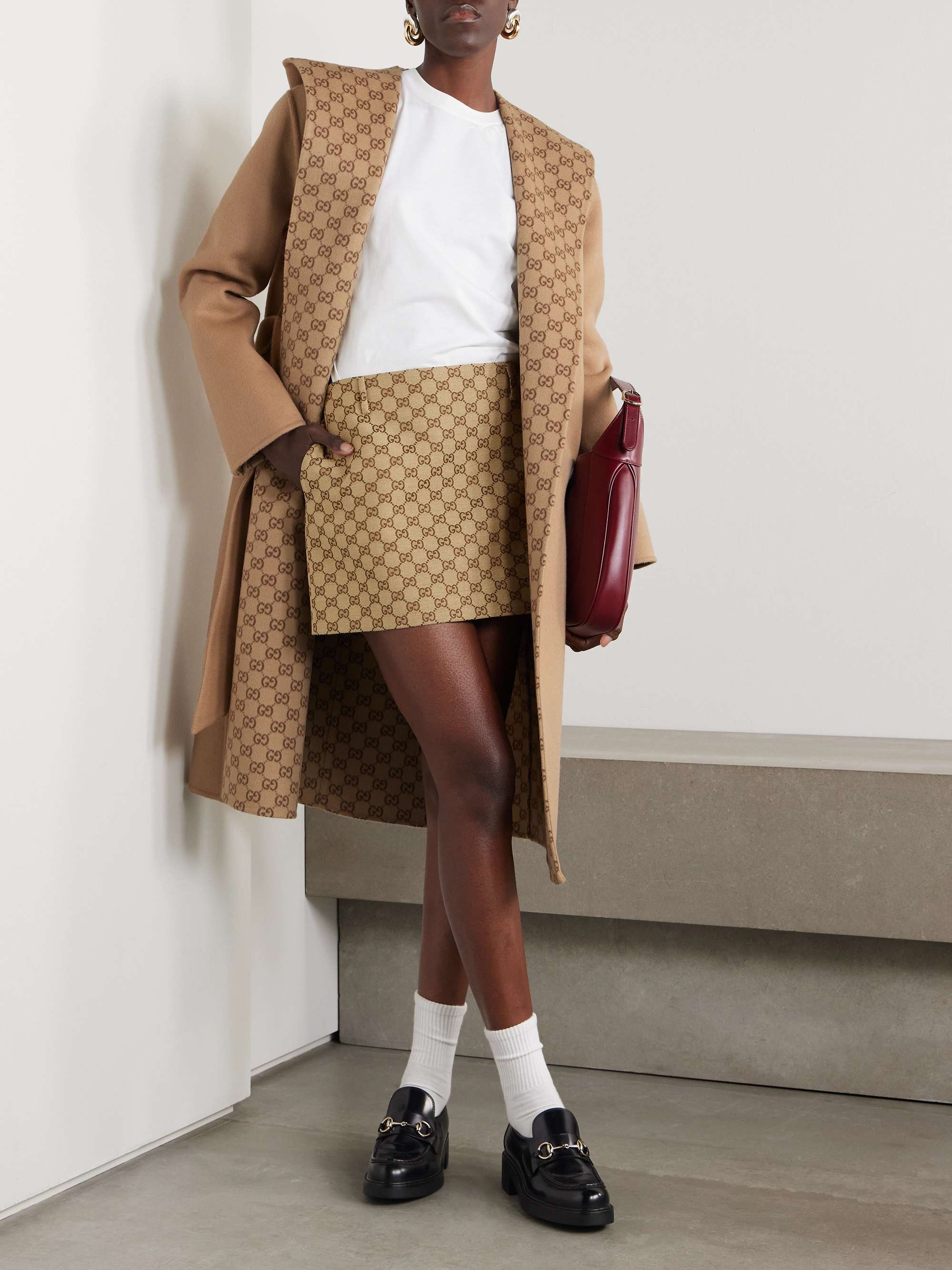 Reversible hooded belted wool and silk-blend jacquard coat view