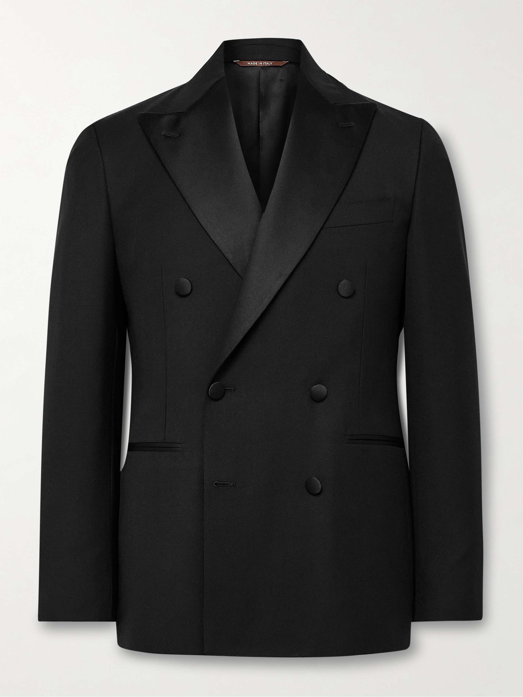 Slim-Fit Double Breasted Satin-Trimmed Wool Tuxedo Jacket view