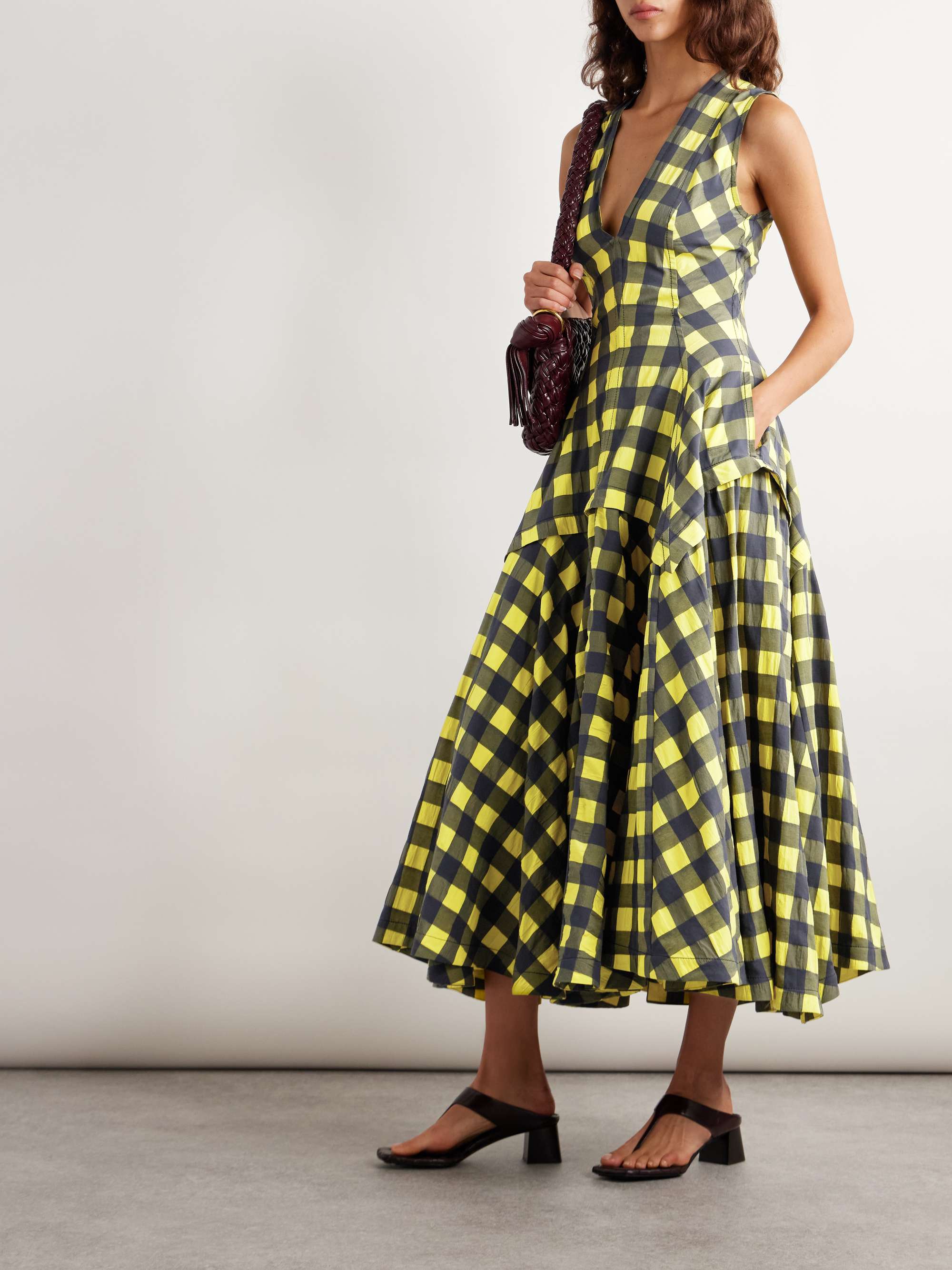 Pleated paneled checked cotton midi dress view
