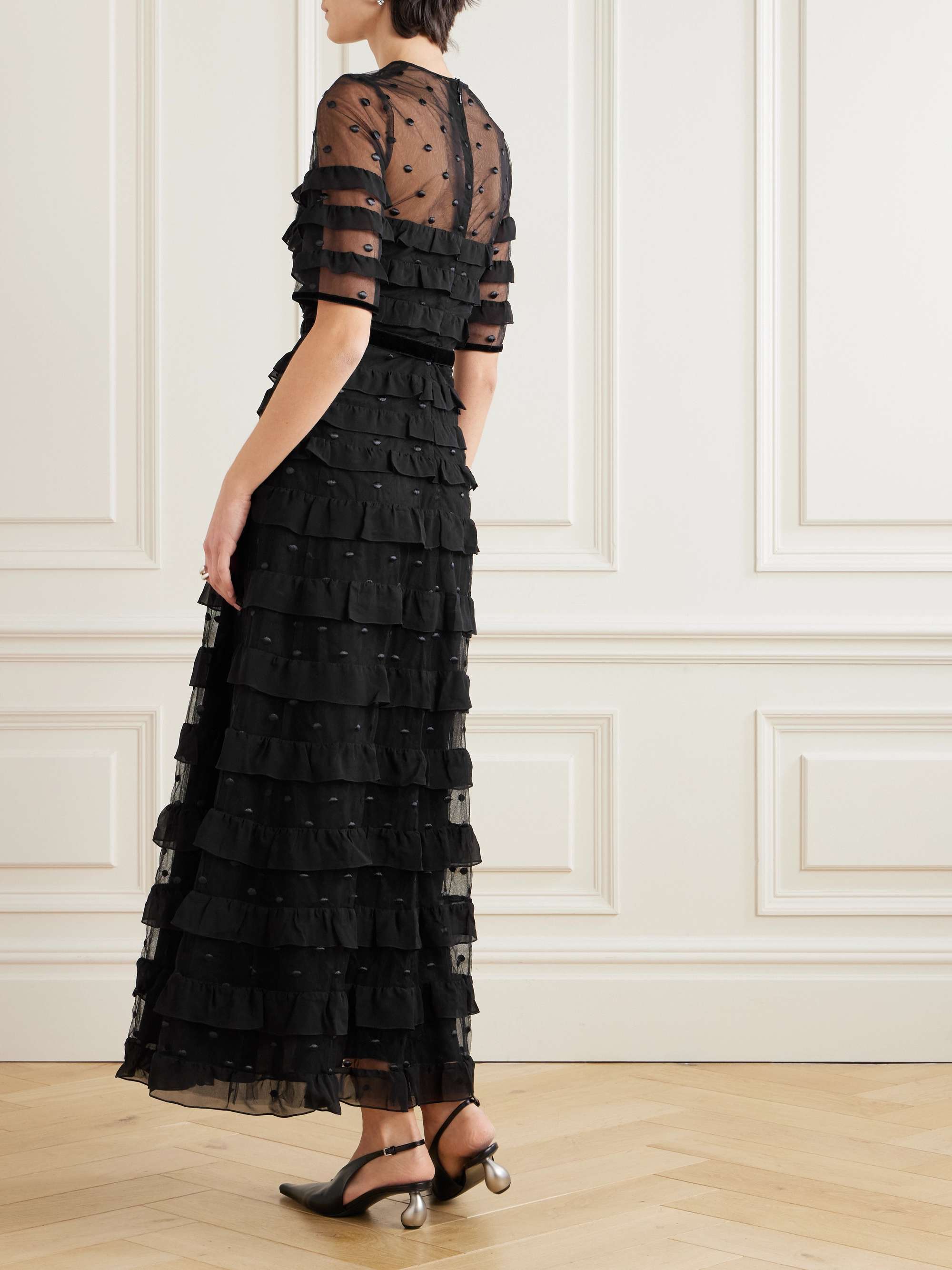 Velvet-trimmed point d'esprit and ruffled chiffon midi dress view