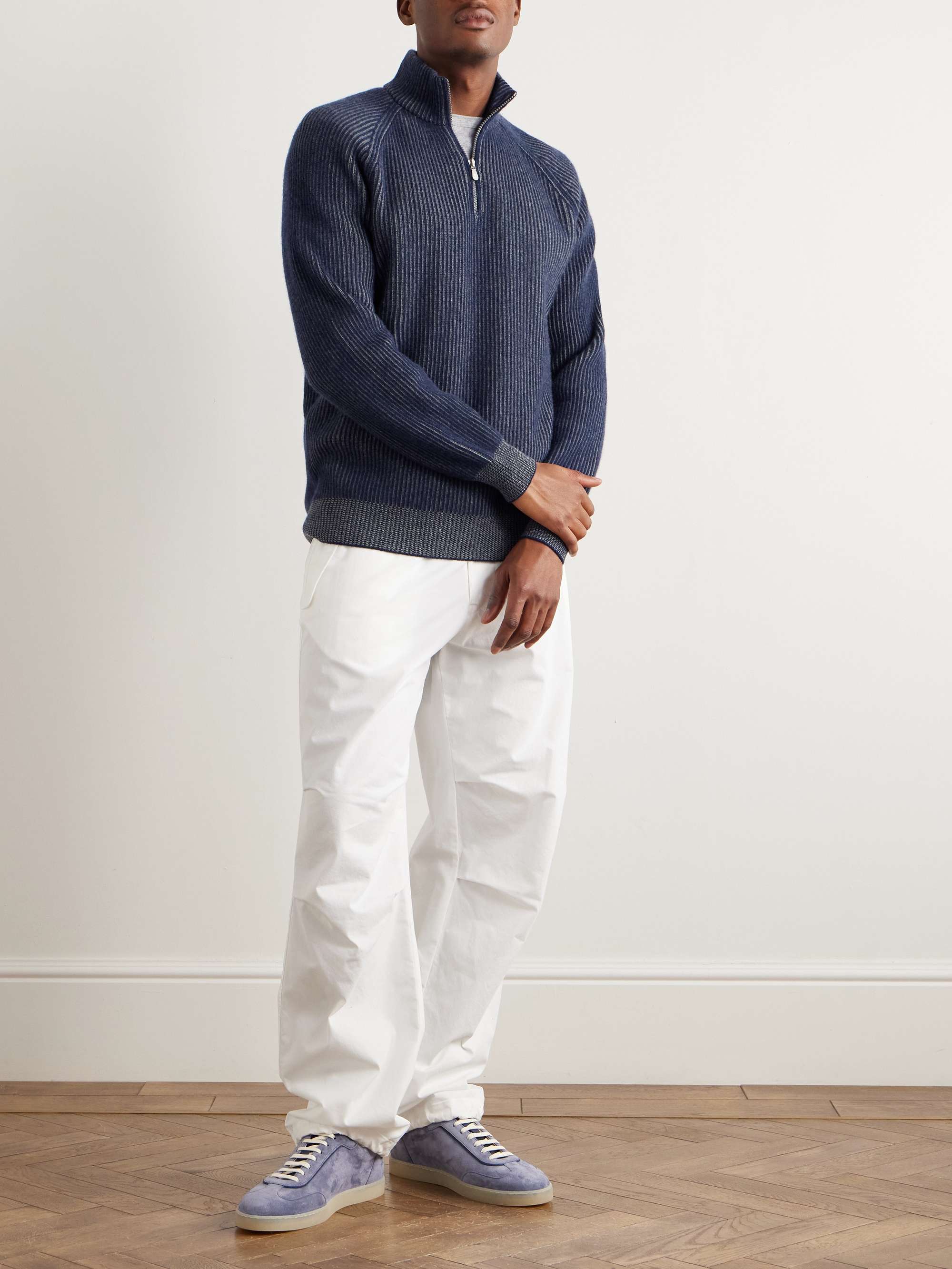 Striped Ribbed Cashmere Half-Zip Sweater view
