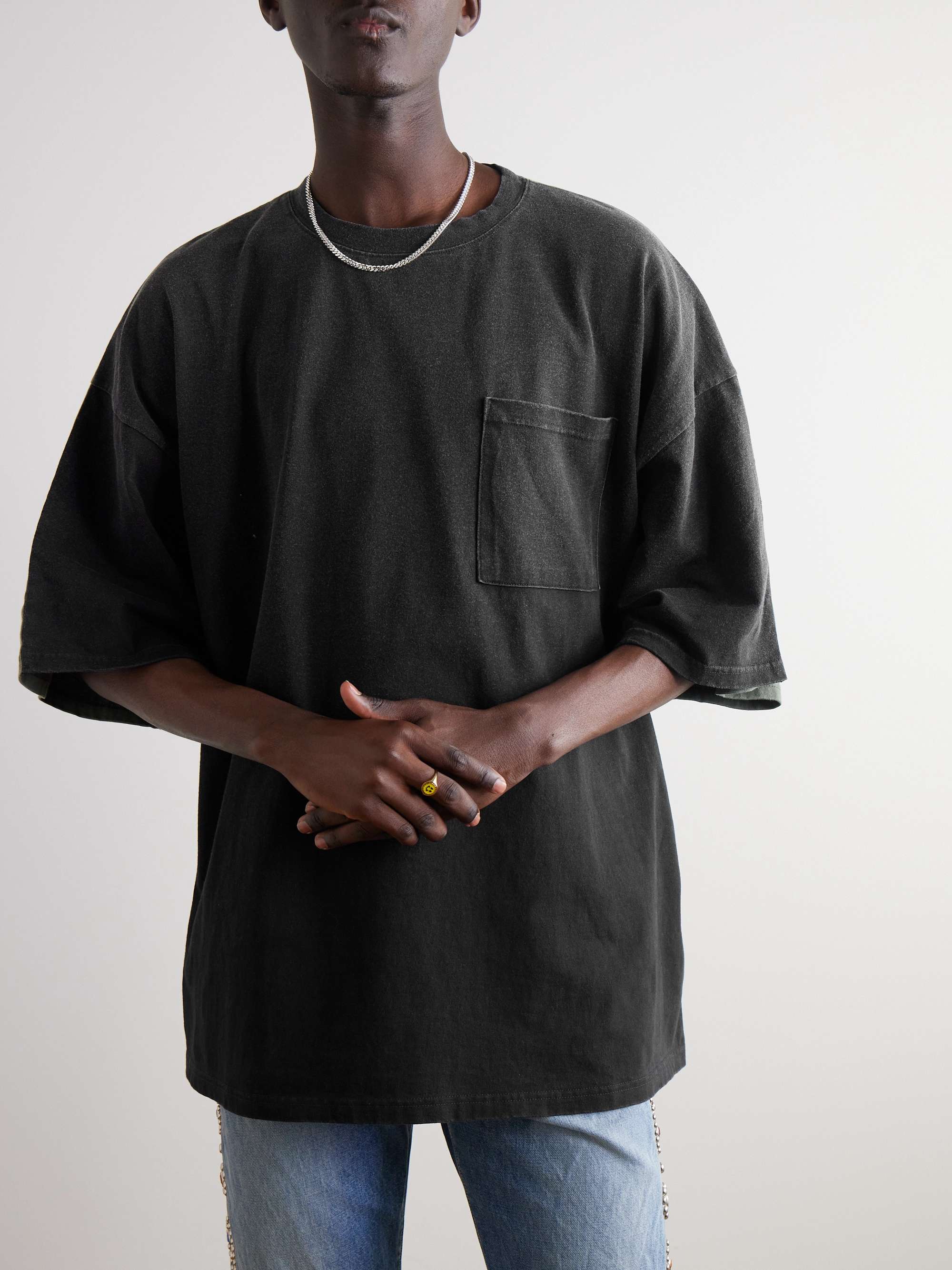 Distressed Printed Two-Tone Cotton-Jersey T-Shirt view