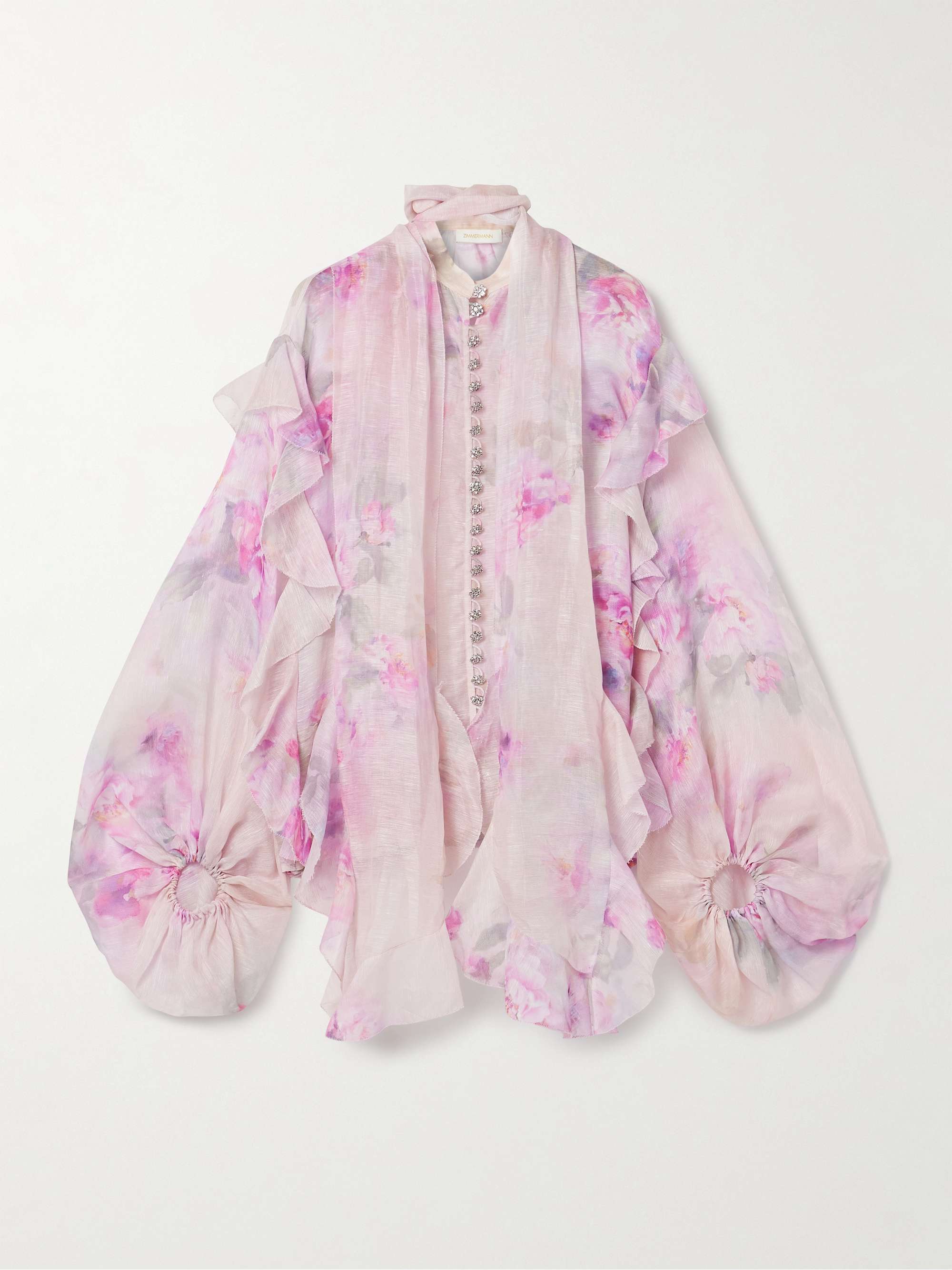 Crush tie-neck ruffled floral-print linen and silk-blend organza blouse view