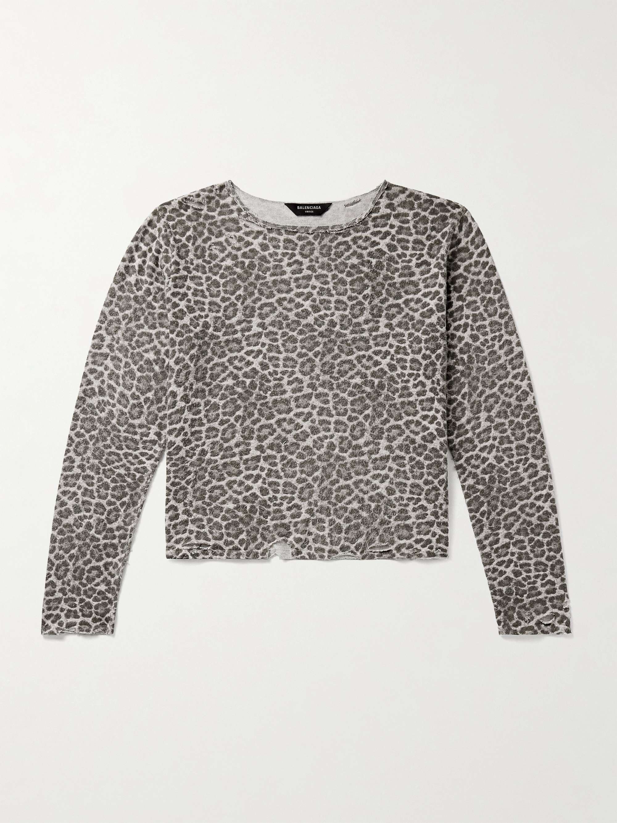 Cropped Distressed Leopard-Print Brushed-Cotton Sweater view