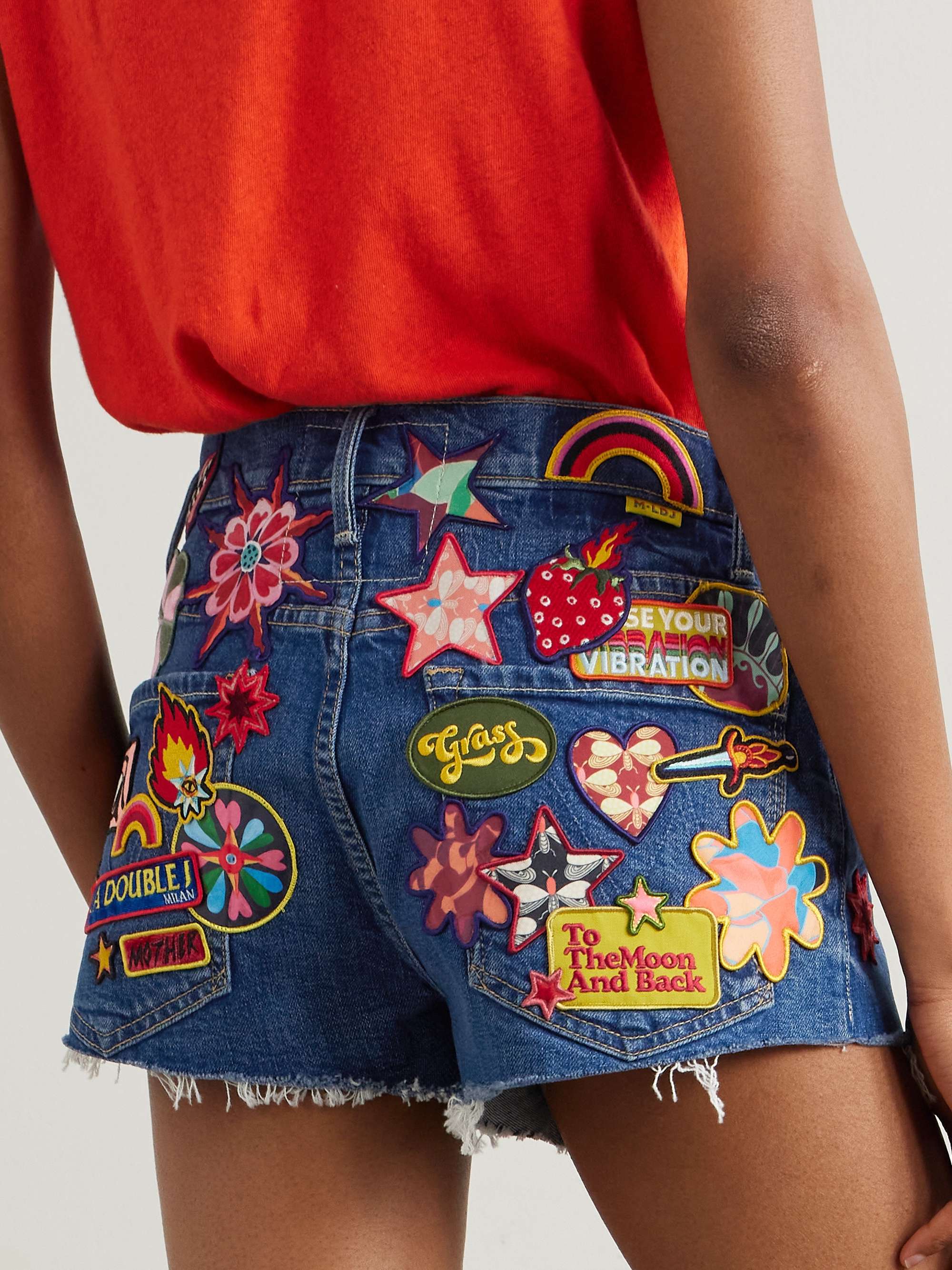 + La DoubleJ The Dodger appliquéd frayed denim shorts view