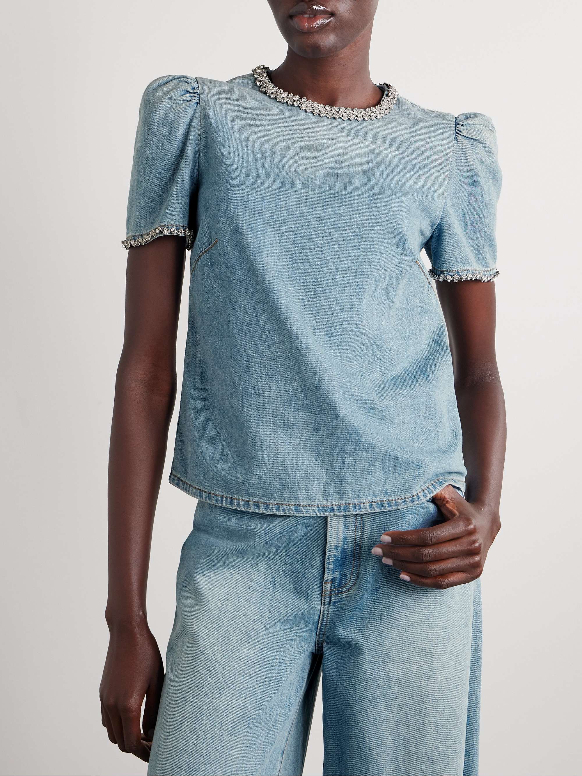 Crush crystal-embellished gathered denim top view