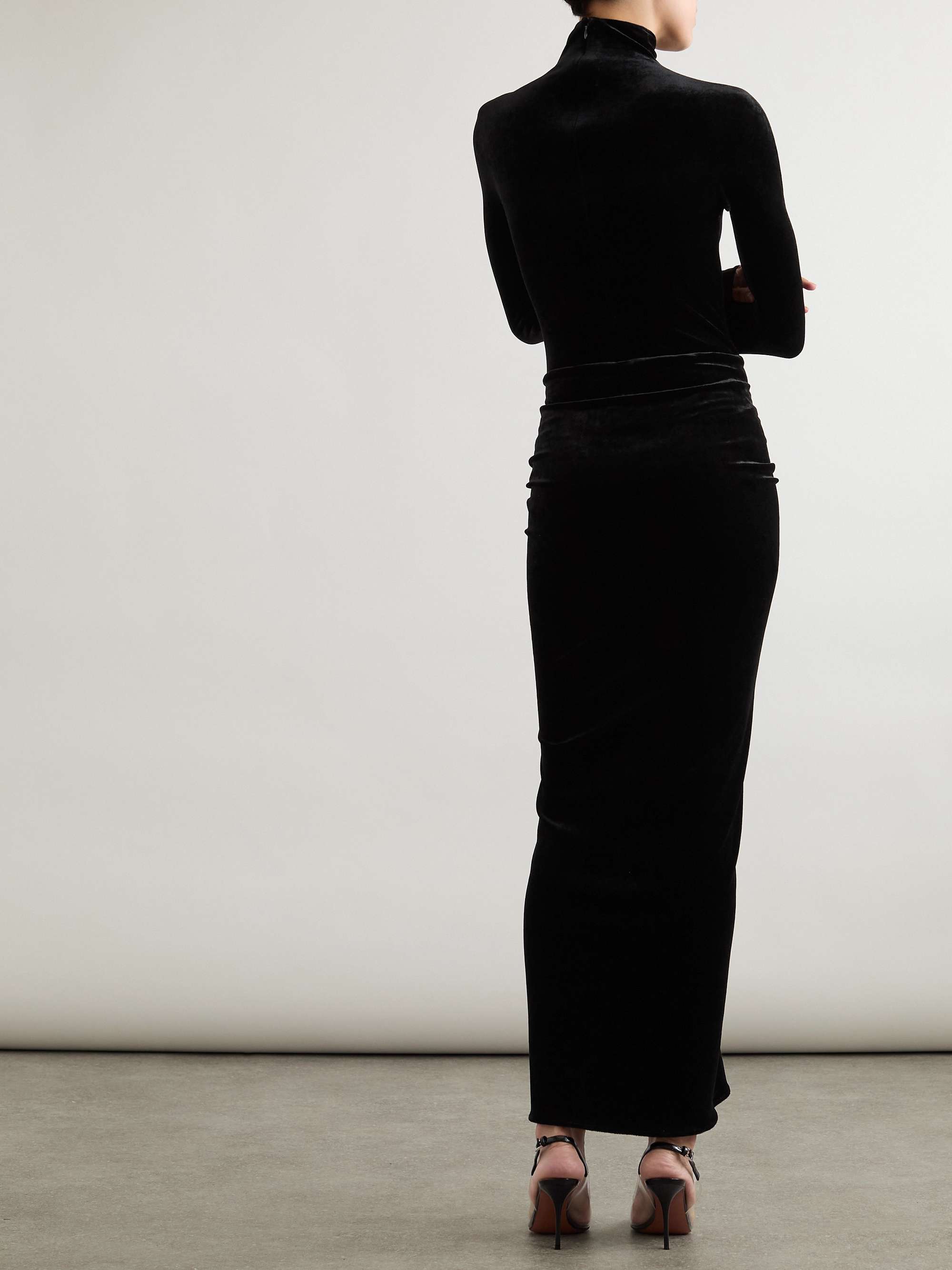 Ruched crushed-velvet turtleneck midi dress view