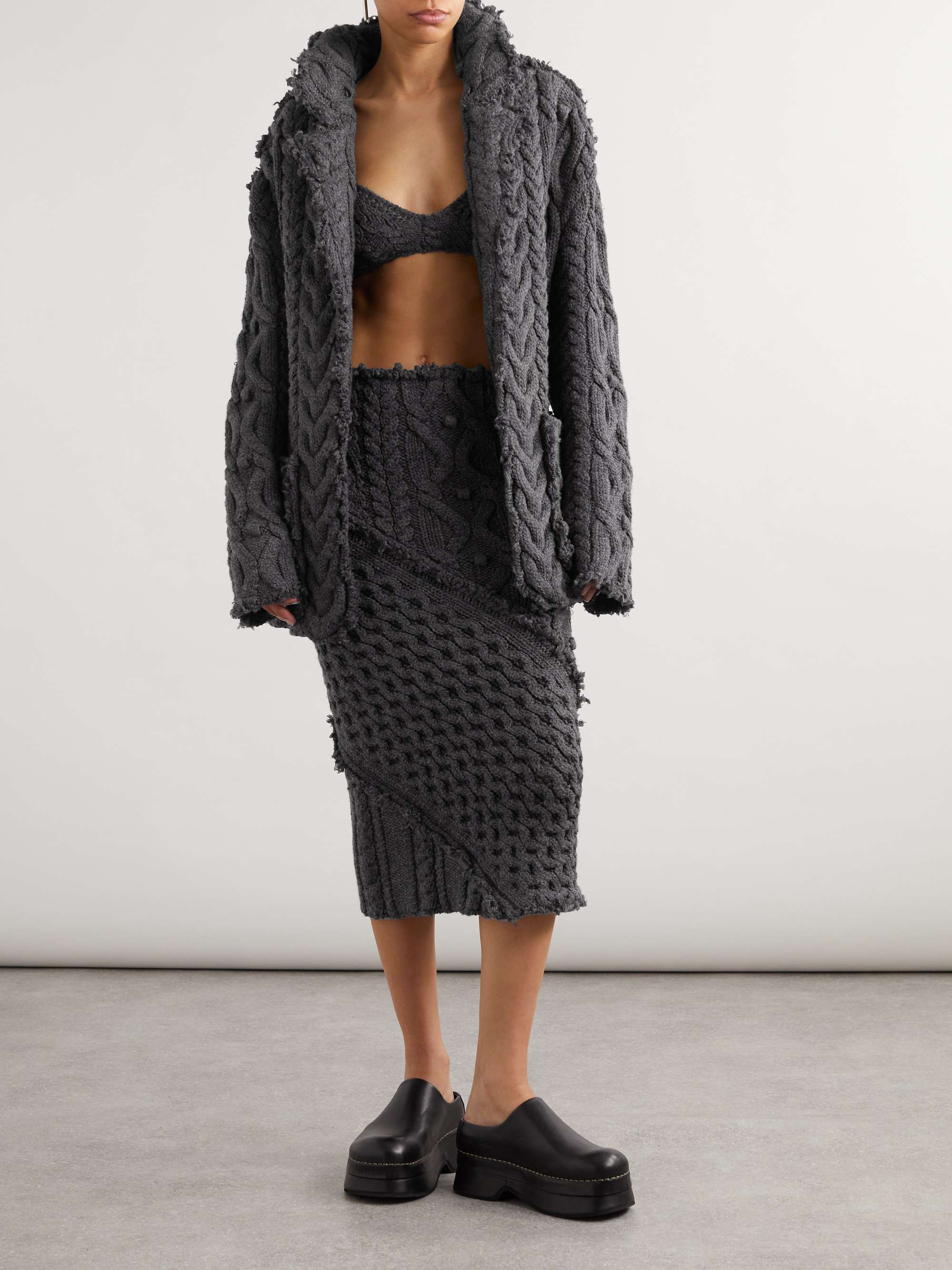 Frayed cable-knit wool-blend midi skirt view