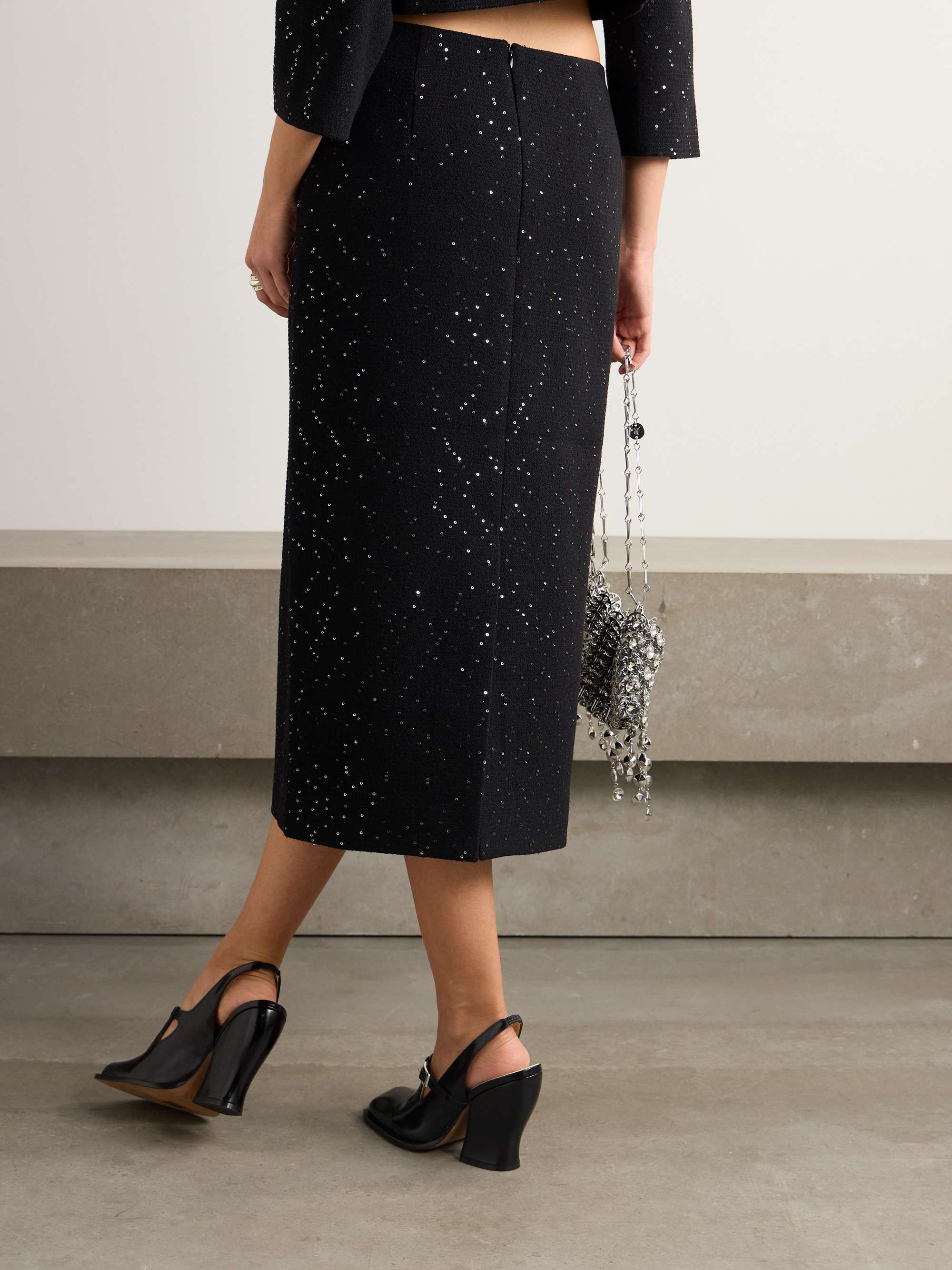 Sequined wool-blend tweed midi skirt view