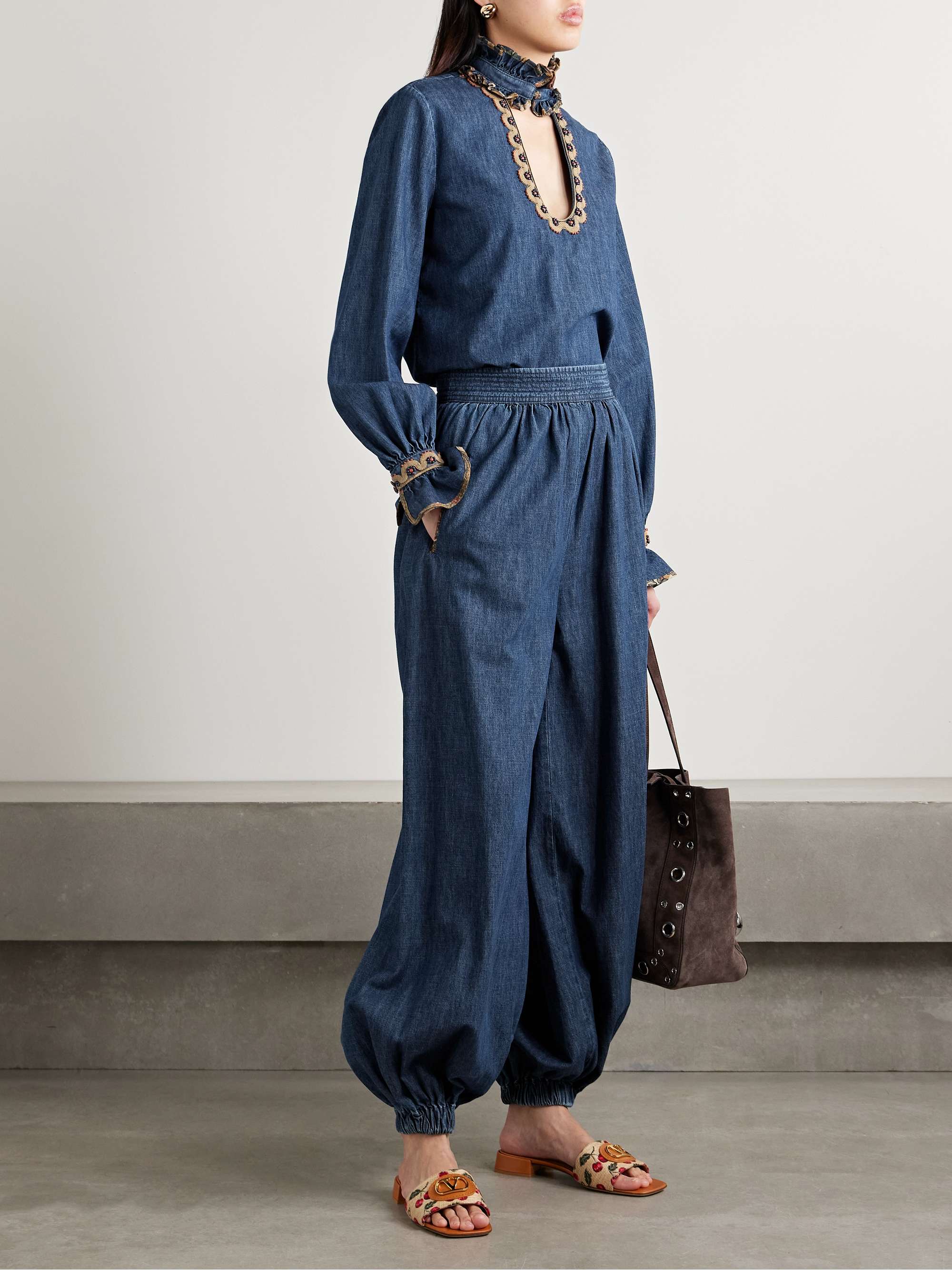 Tasseled embroidered chambray tapered pants view