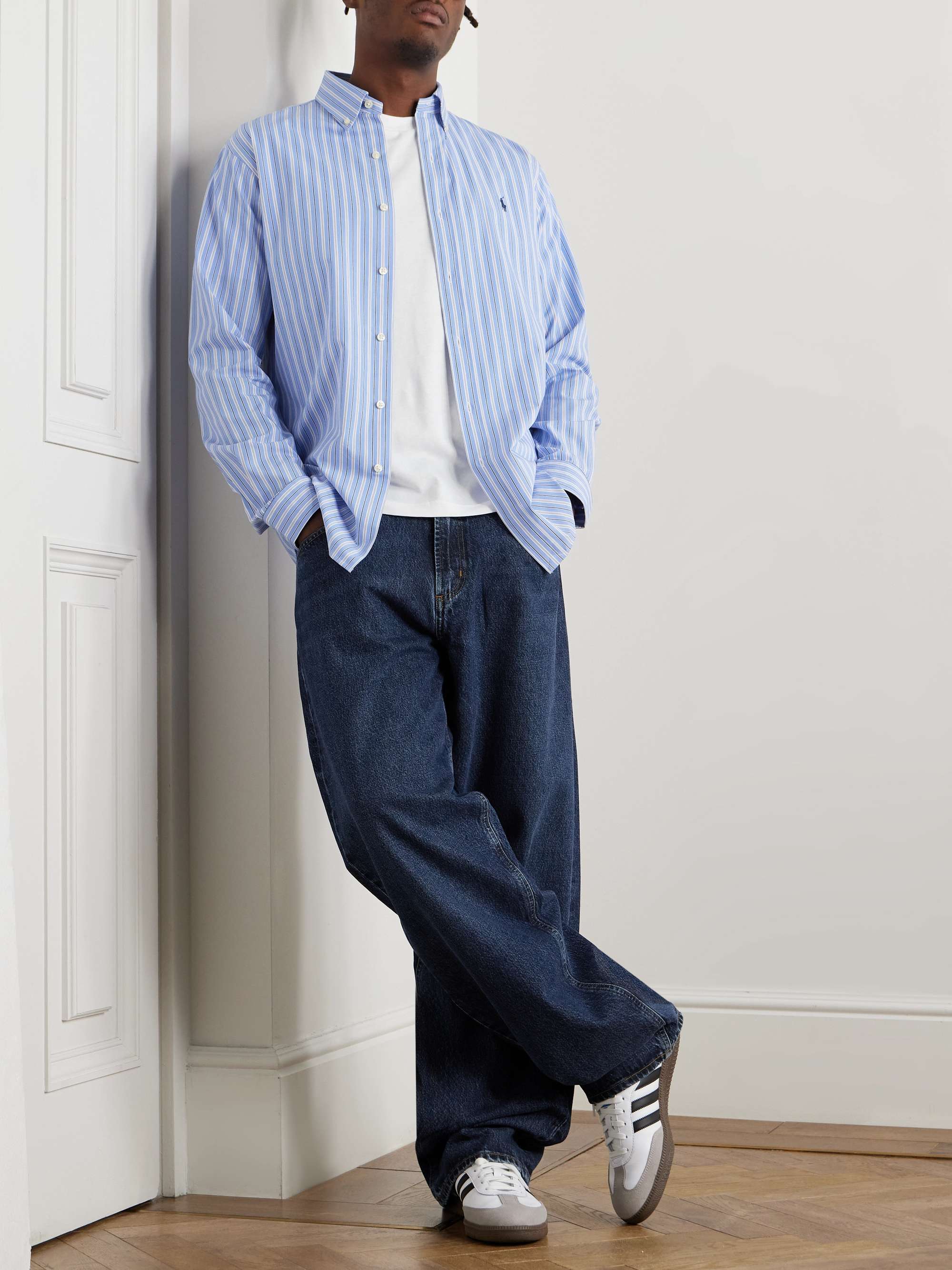 Button-Down Collar Logo-Embroidered Striped Cotton-Blend Shirt view